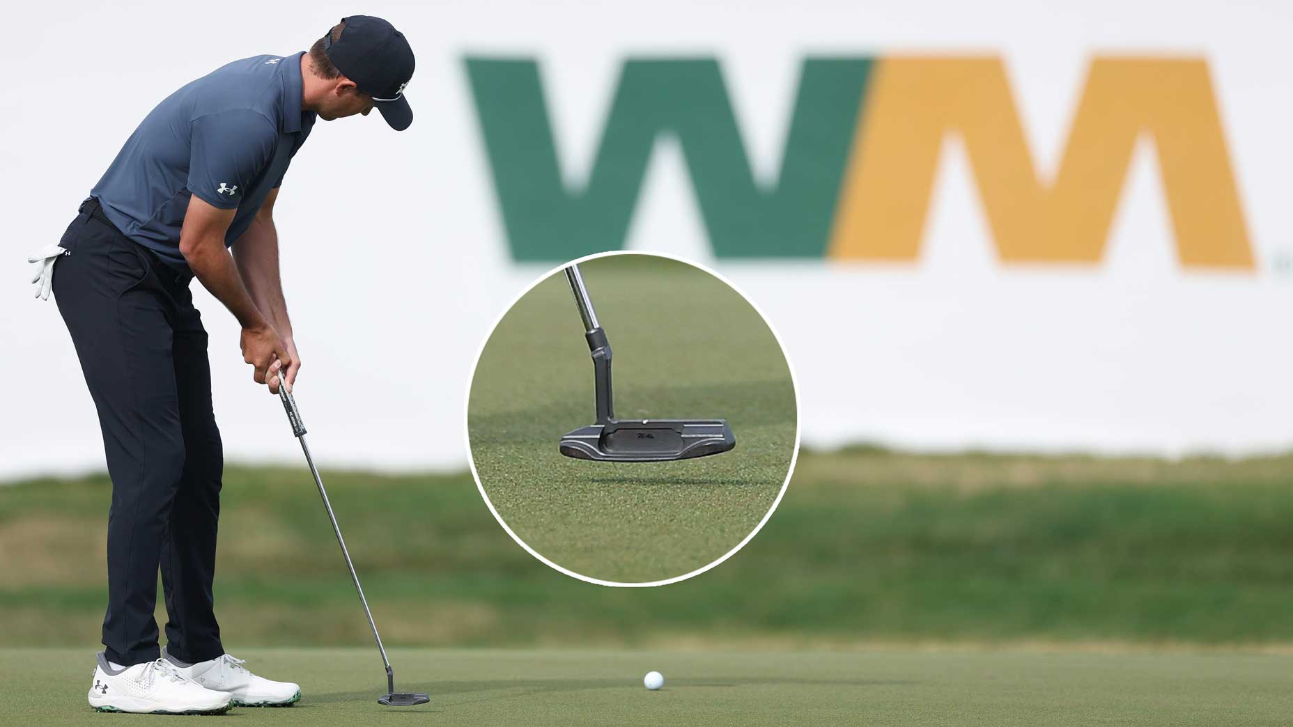 Jordan Spieth putts with a cutaway close up of his putter at the WM Phoenix Open.