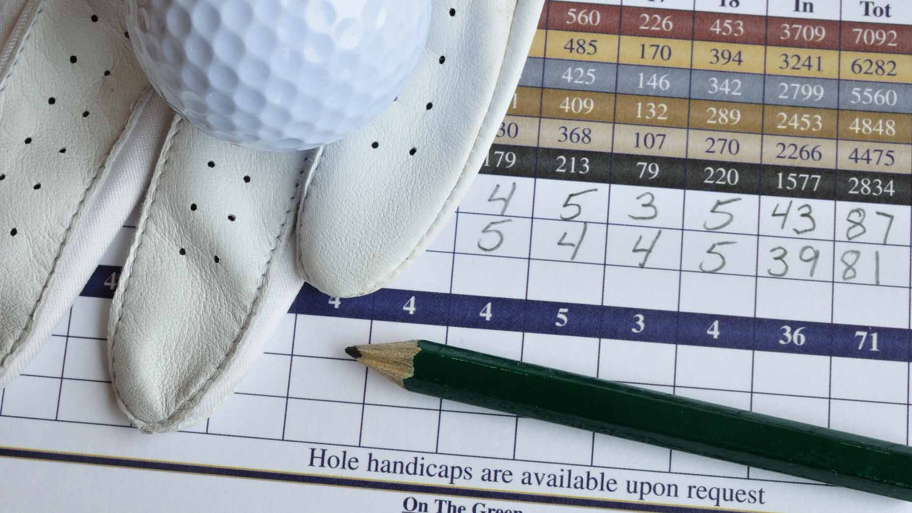 Golf scorecard featuring a golf handicap and golf ball.