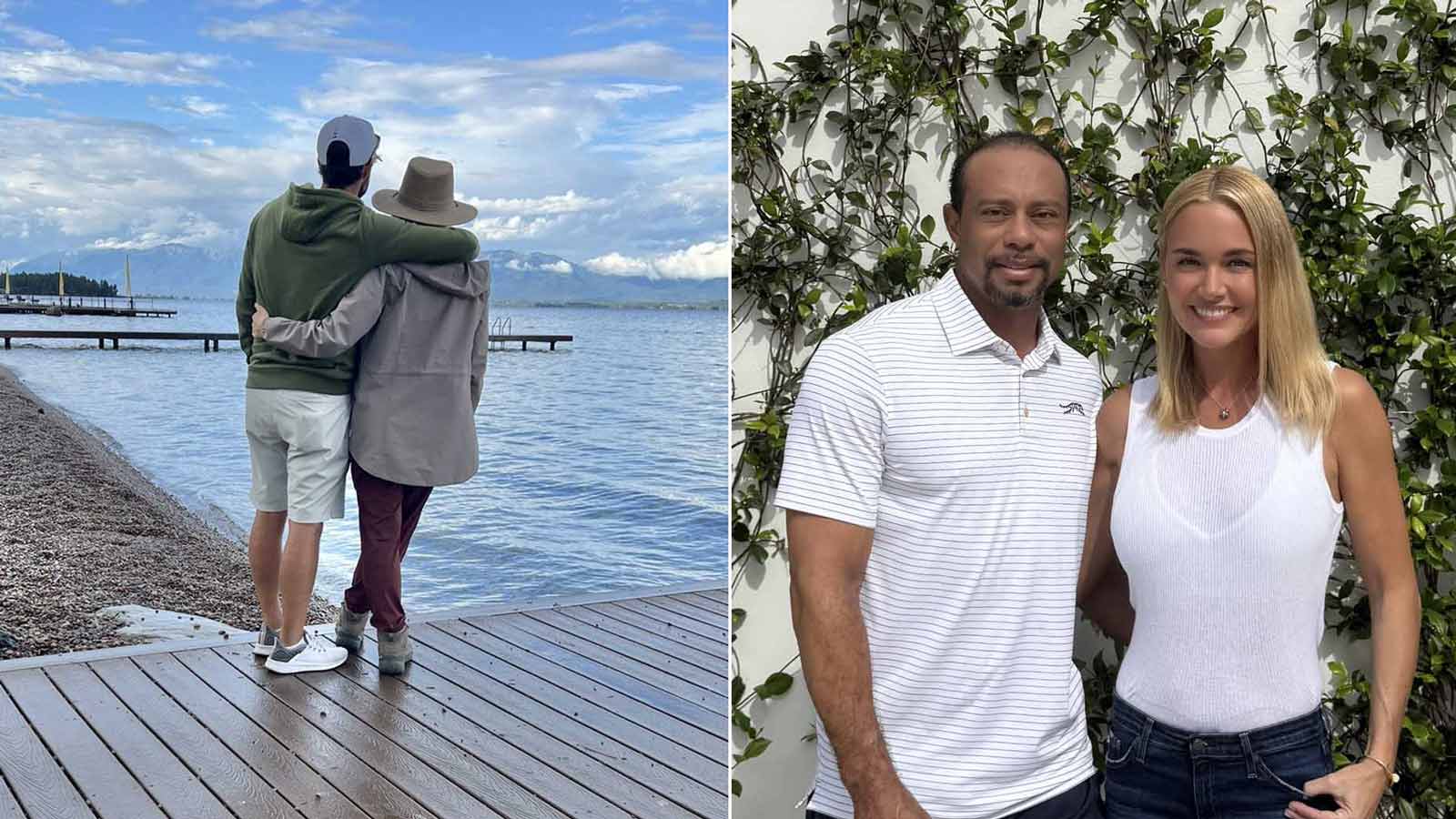 Two images of (right) Tiger Woods and Vanessa Trump; and (left) Adam Hadwin and wife Jessica Hadwin.