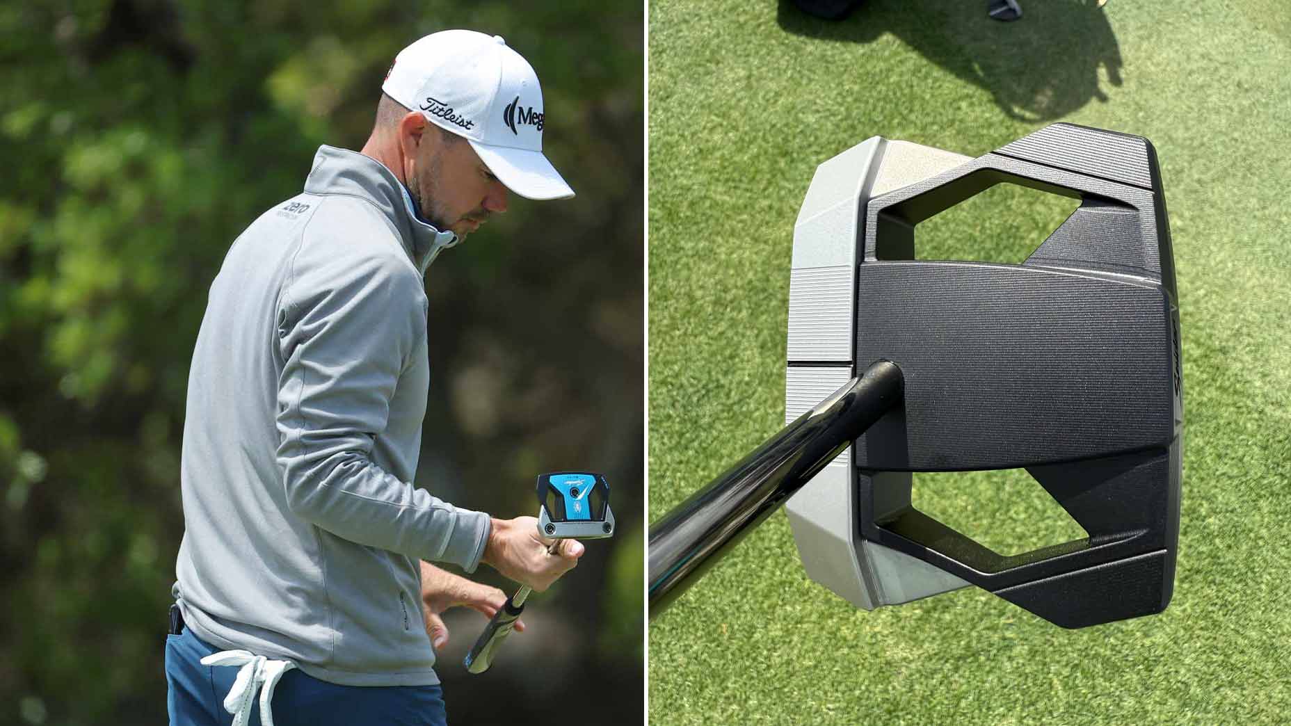 Brian Harman looks at his putter and a picture of a similar model putter.