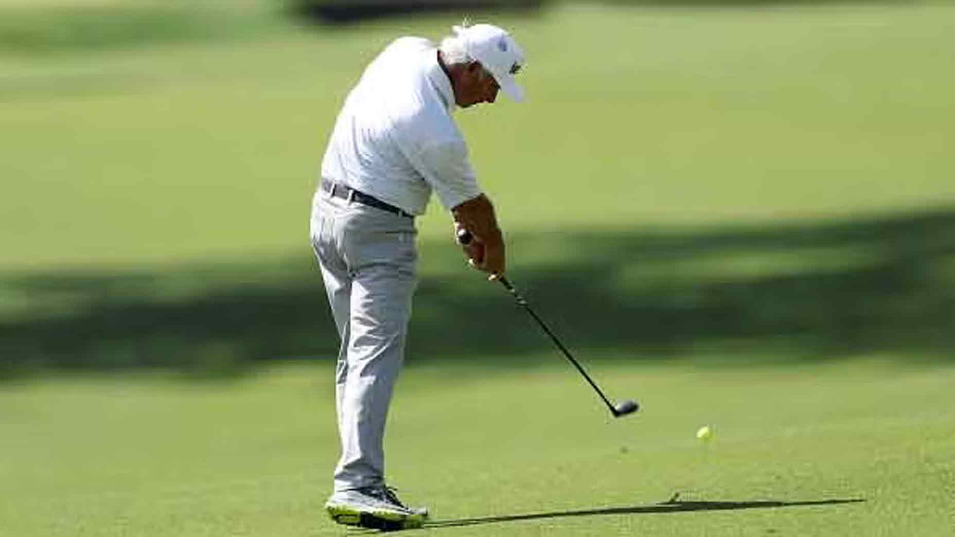 Fred Couples of the United States plays his second shot on the 13th hole during the second round of the 2025 Masters Tournament at Augusta National Golf Club on April 11, 2025 in Augusta, Georgia.
