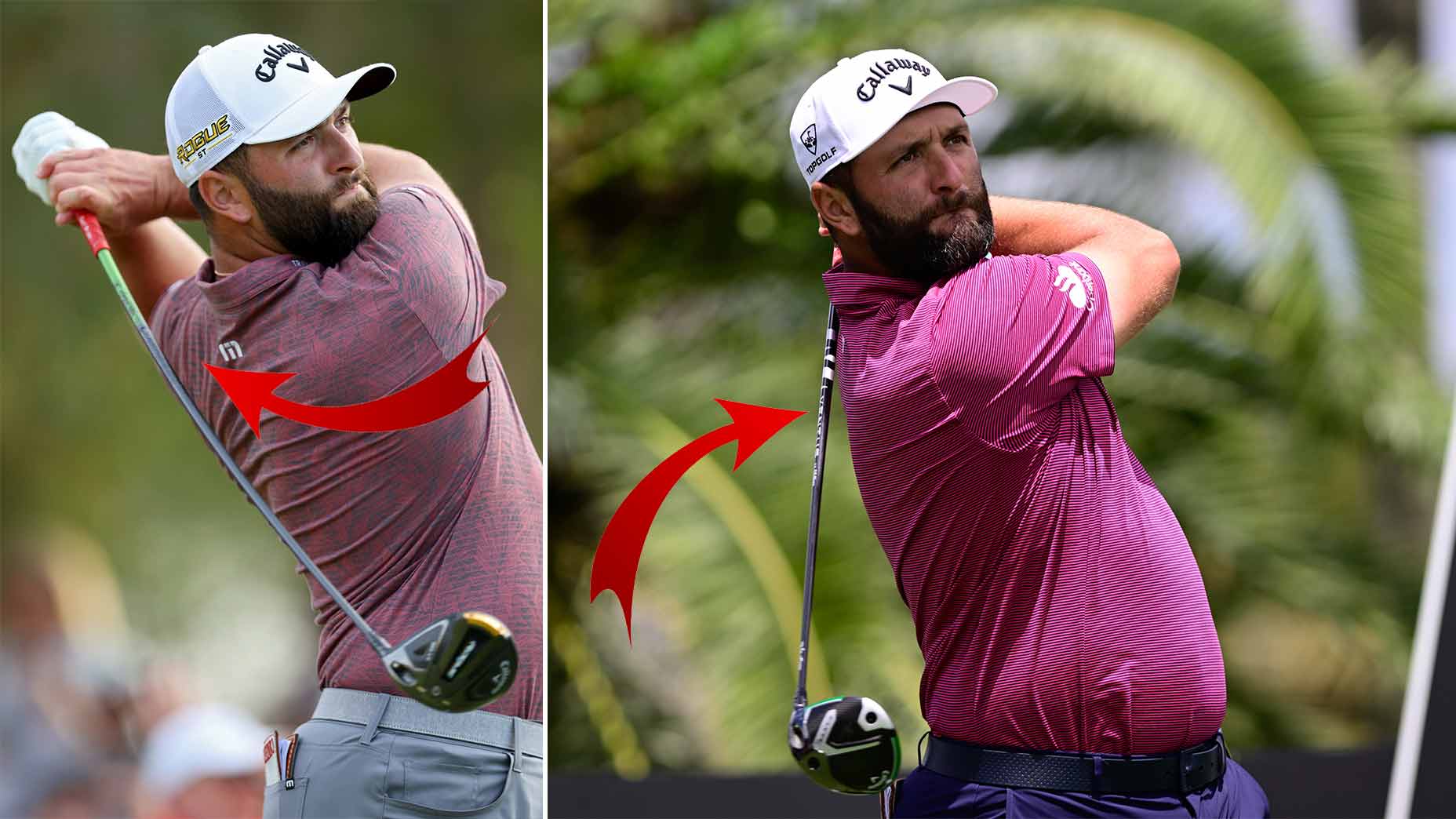 Jon Rahm using his old driver shaft in 2022 and his new one in 2024.