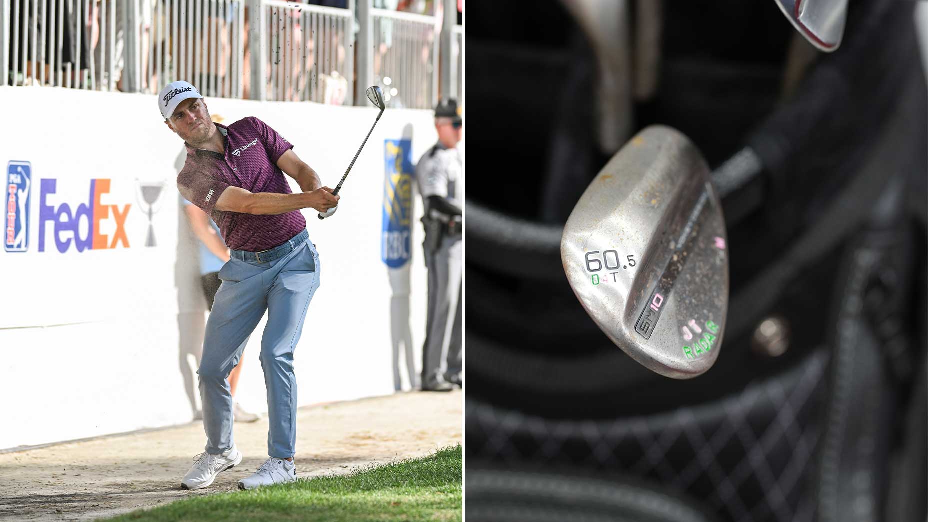 Justin Thomas hits a chip shot at the RBC Heritage and a close up of his lob wedge.