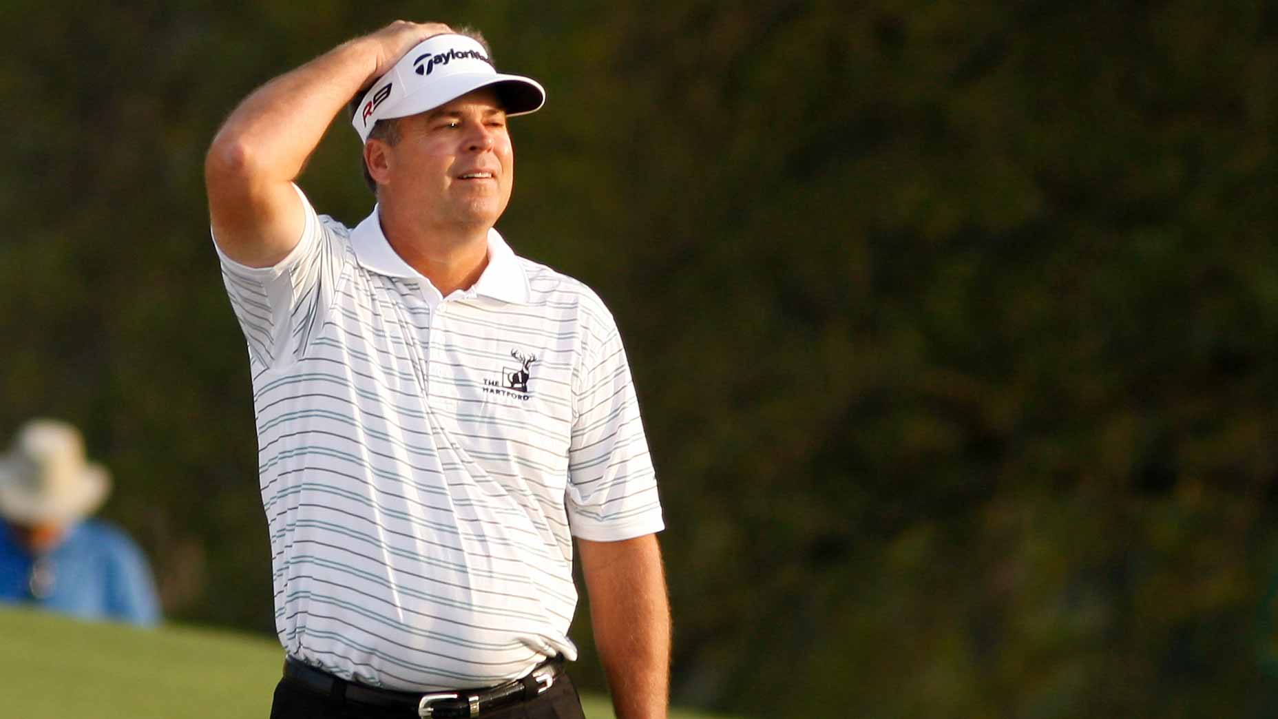 Kenny Perry after a missd putt on 18 green during the final round of the 2009 Masters Tournament at Augusta National Golf Club on April 12, 2009 in Augusta, Georgia.