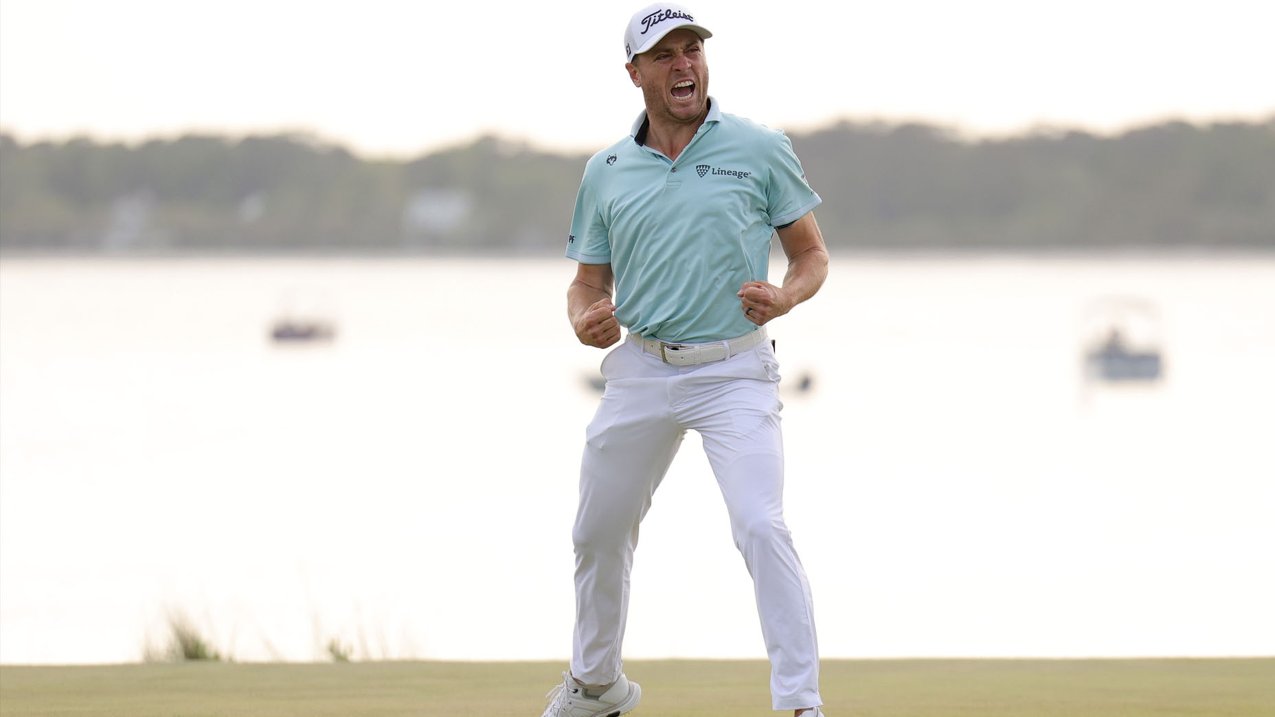 Justin Thomas celebrates his winning putt at the RBC Heritage.