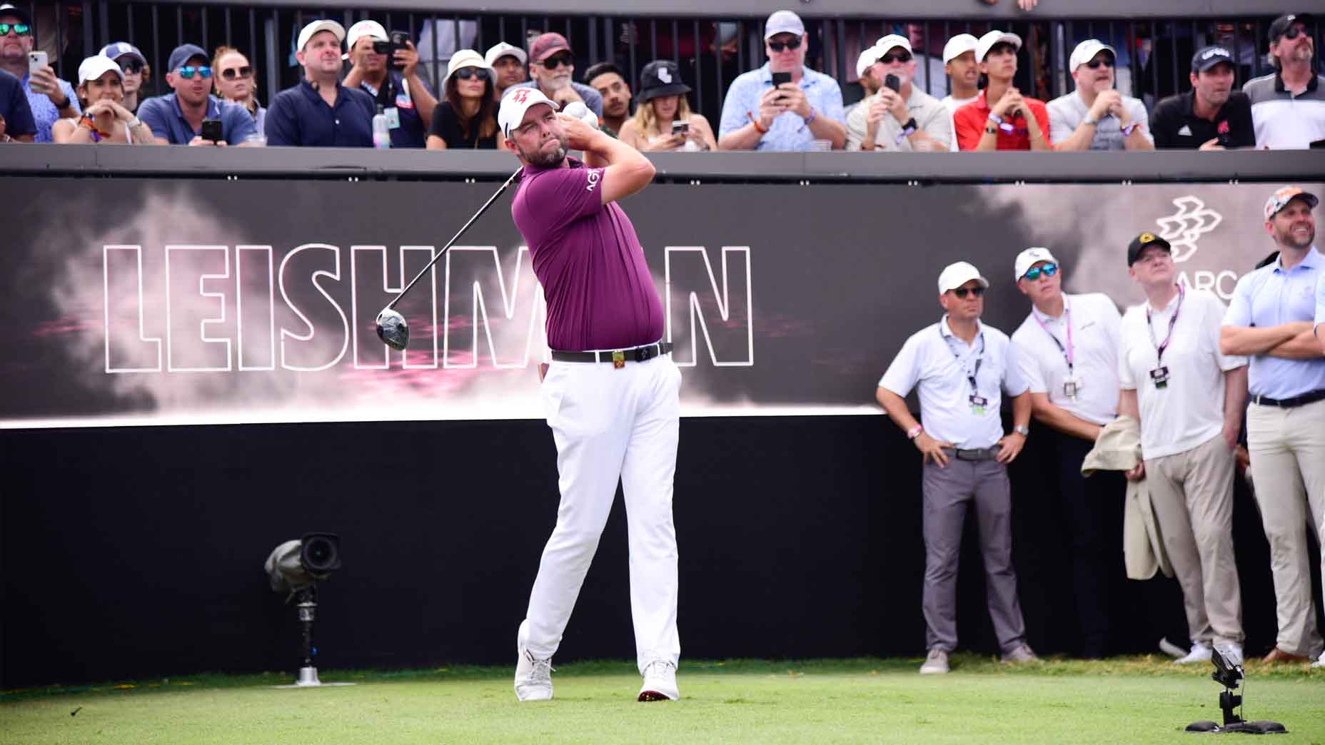 Marc Leishman hits a tee shot during the final round of LIV Golf Miami.