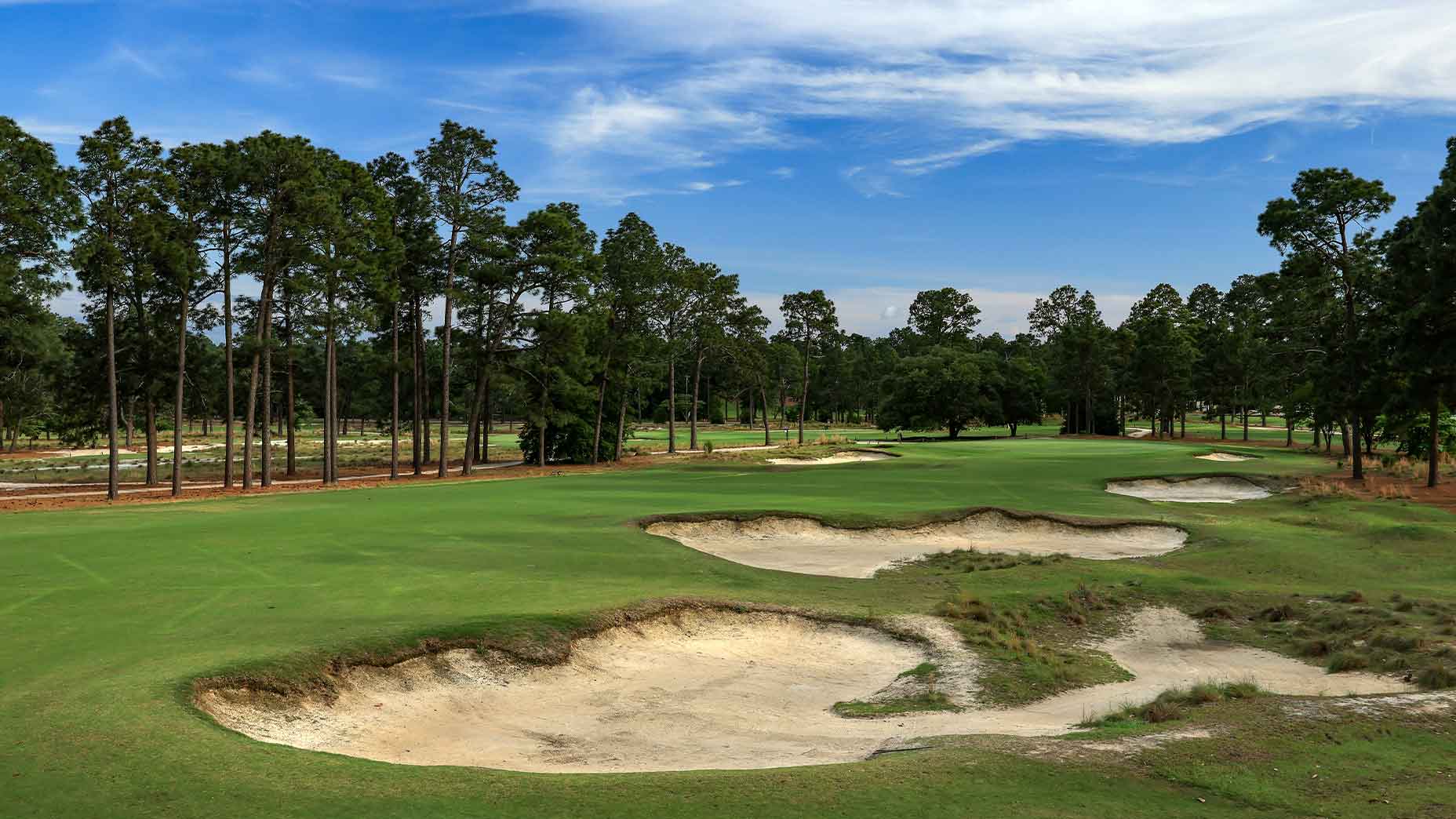 a scenic shot of the 1st hole at pinehurst no. 4 from the right bunkers