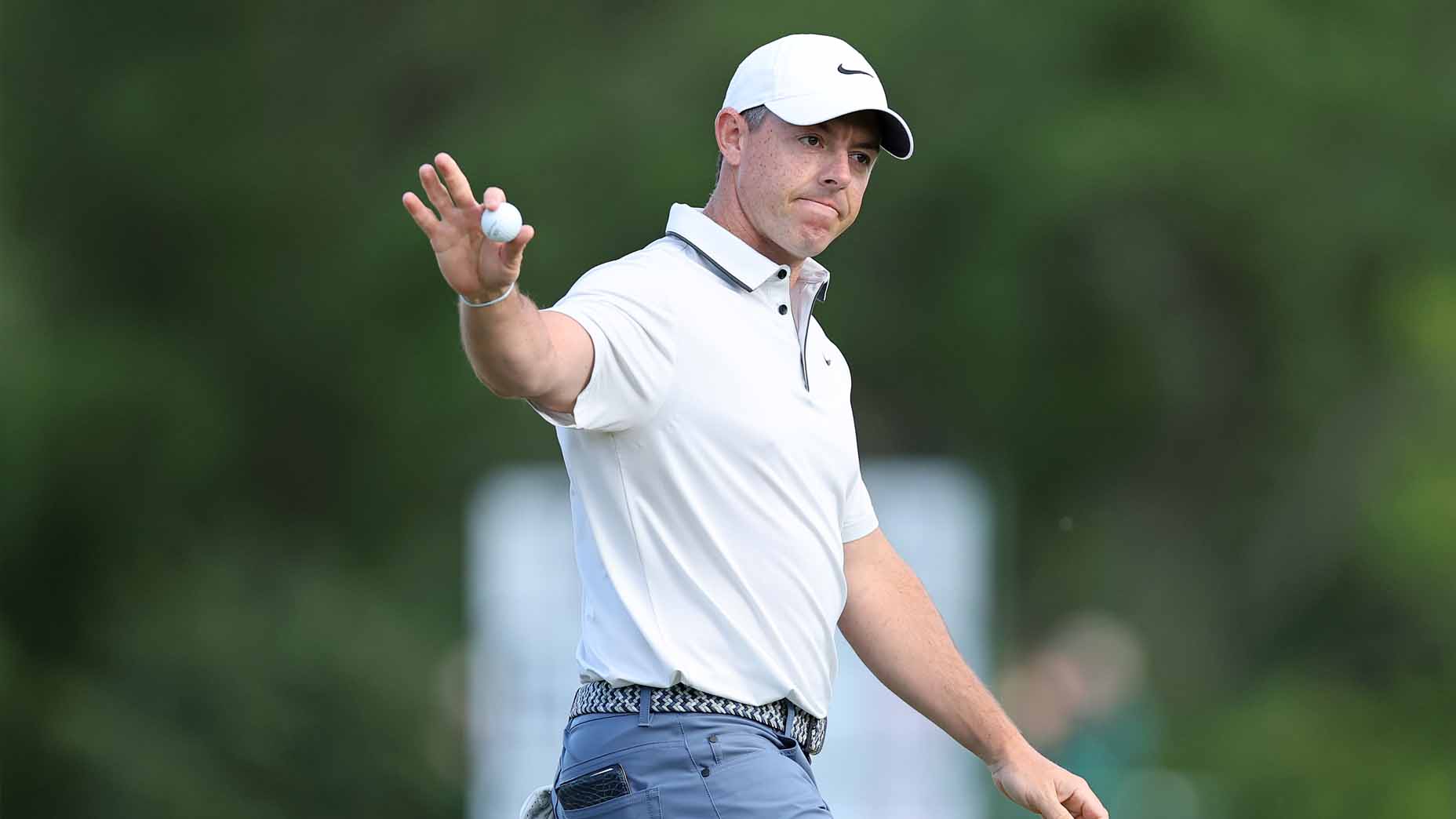 Rory McIlroy acknowledges the crowd during the 2025 Masters.