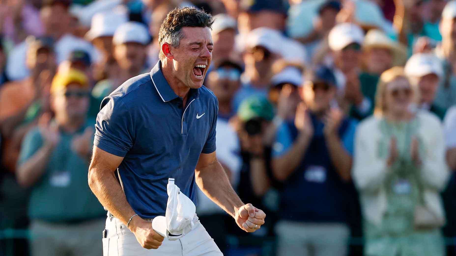 Rory McIlroy celebrates winning the 2025 Masters at Augusta National.