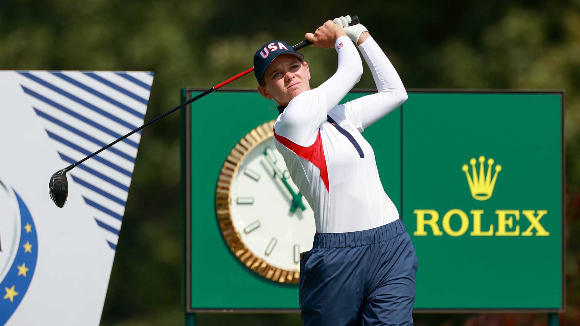 Sarah Schmelzel hits a shot at the 2024 Solheim Cup.