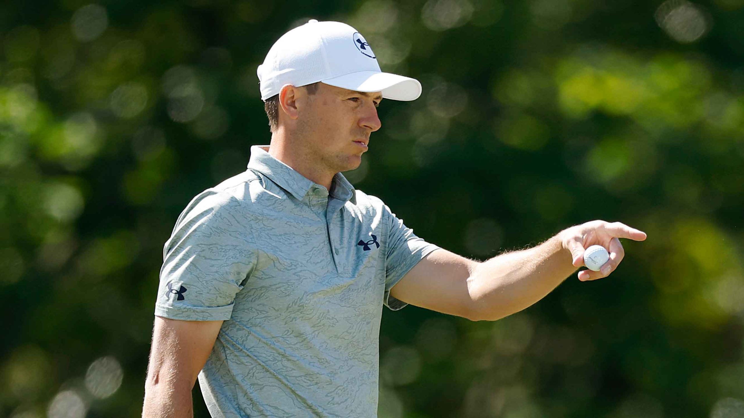 Jordan Spieth of the United States prepares to putt on the fifth green during the third round of the 2025 Masters Tournament at Augusta National Golf Club