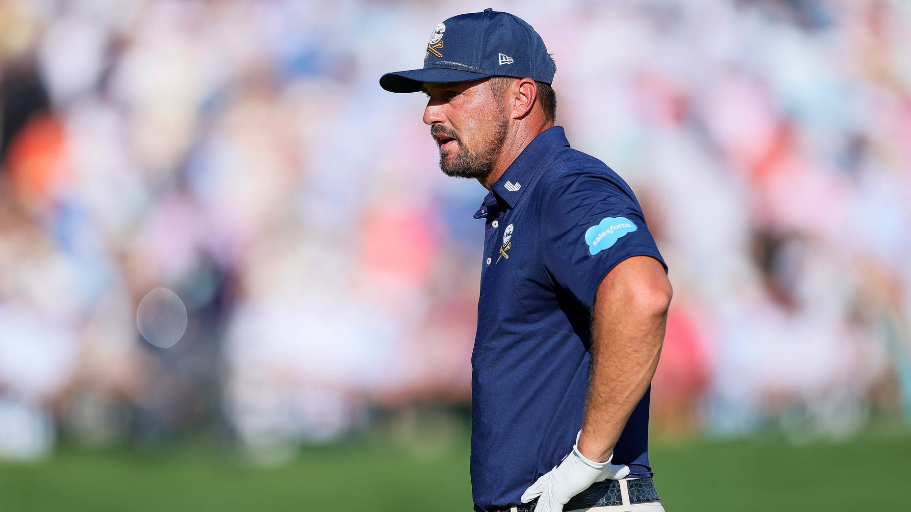 Bryson DeChambeau looks on at the PGA Championship.