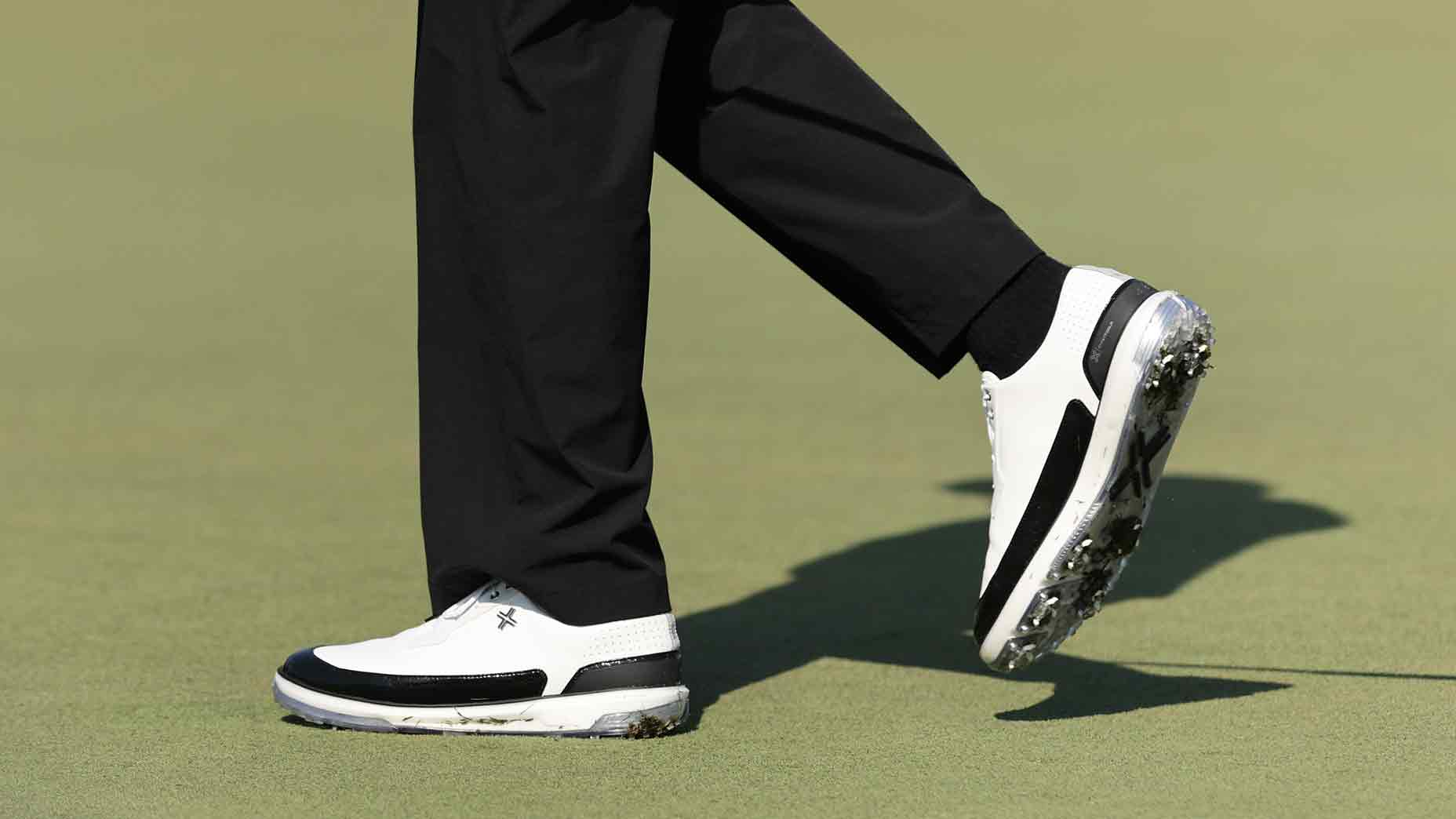 A detailed view of the golf shoes of Jason Day of Australia on the second green during the first round of the 2025 Masters Tournament at Augusta National Golf Club on April 10, 2025 in Augusta, Georgia.