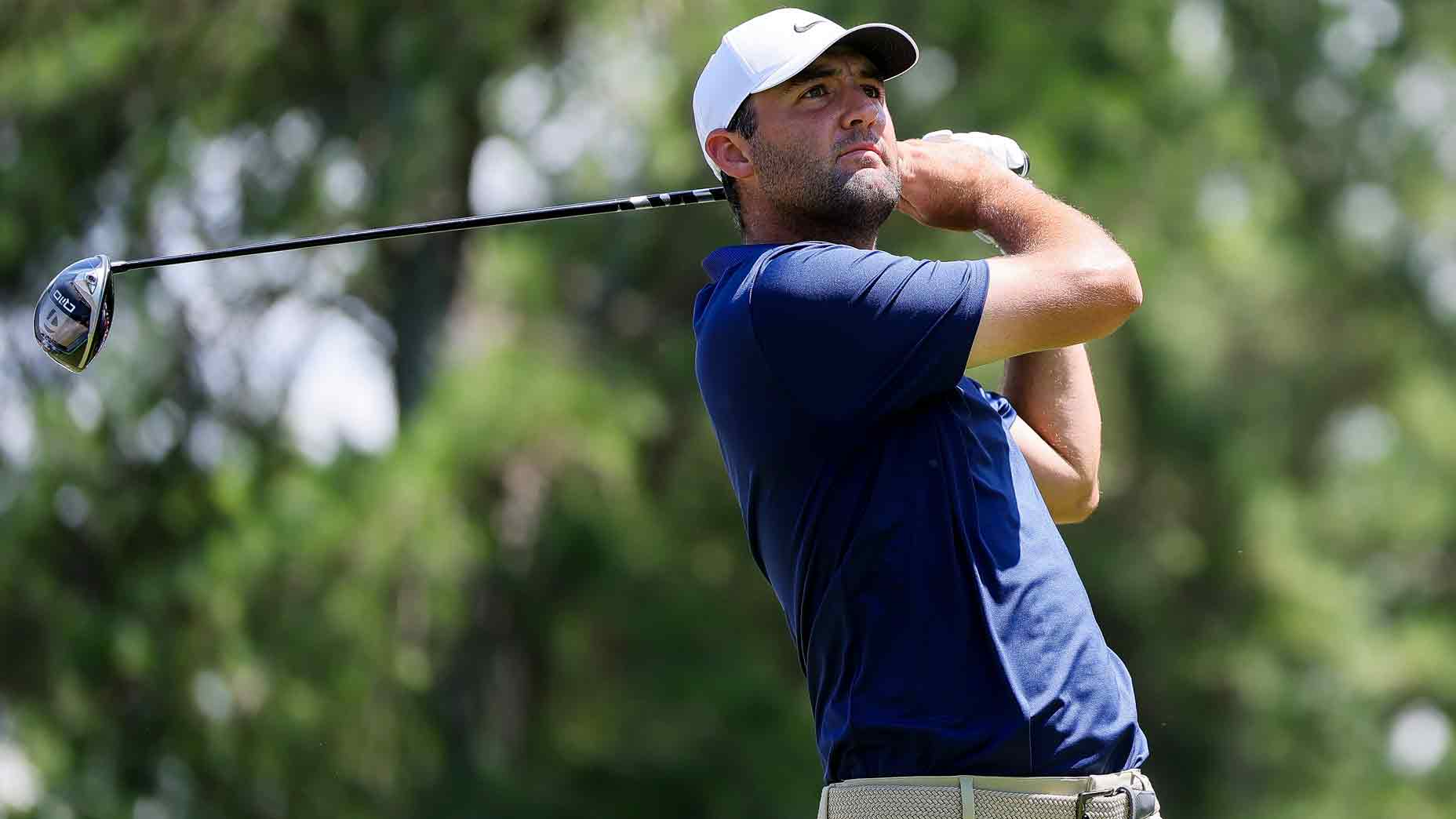 2025 Tour Championship tee times: Scottie Scheffler pictured during the 2025 PGA Championship at Quail Hollow Country Club on May 18, 2025 in Charlotte, North Carolina.