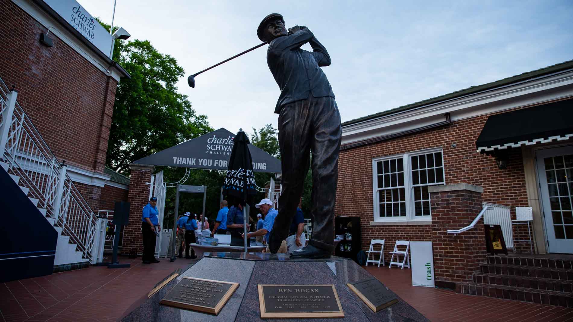 statue of Ben Hogan greets fans as they arrive during the first round of the Charles Schwab Challenge