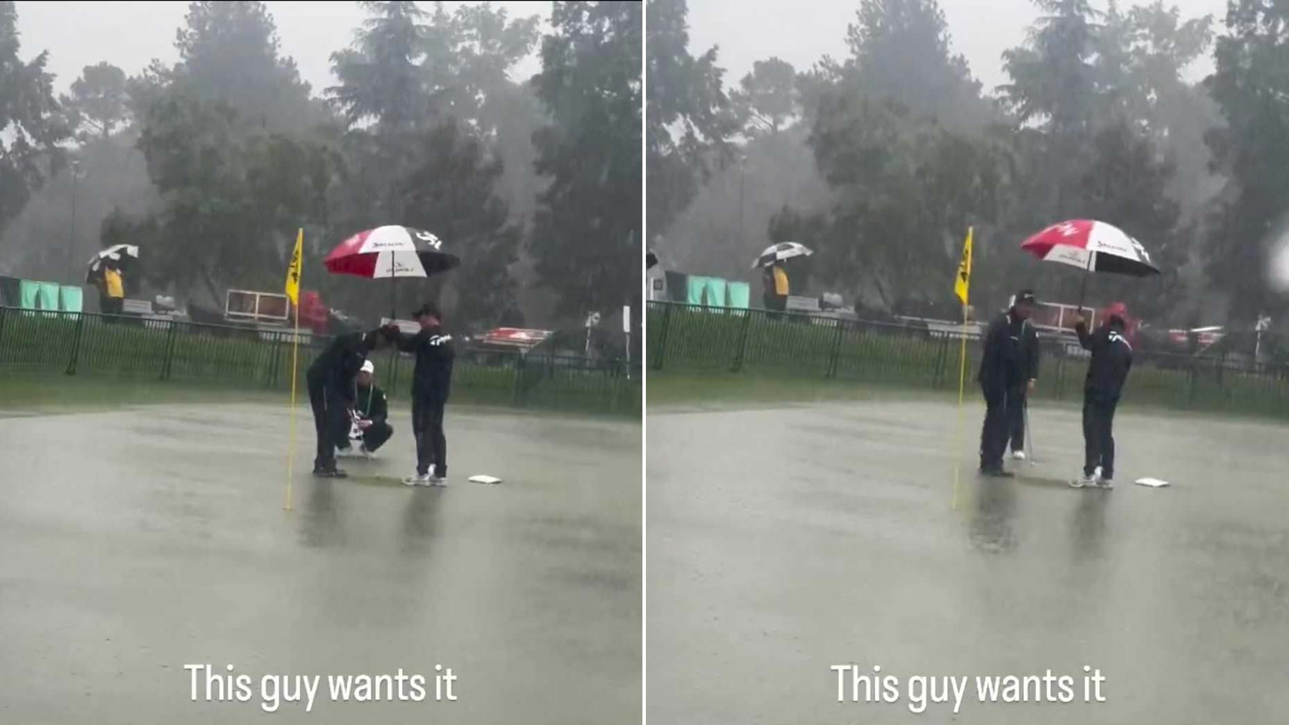 Hideki Matsuyama practices at 2025 PGA Championship in rain on flooded green.