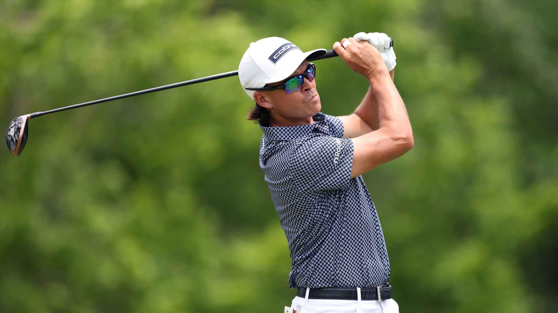 Rickie Fowler hits a tee shot during the Charles Schwab Challenge