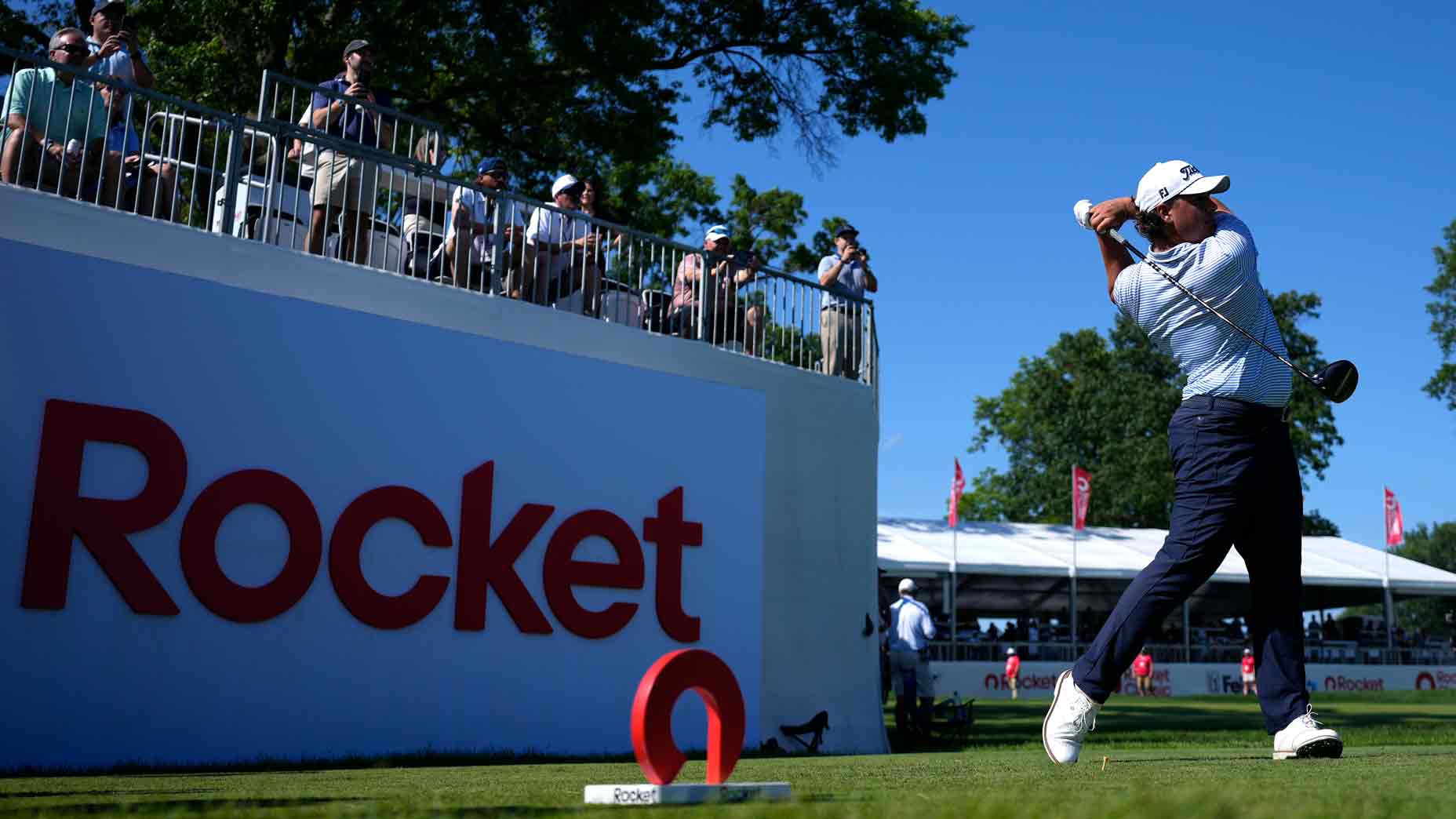 Aldrich Potgieter of South Africa plays his shot from the 16th tee during the third round of the Rocket Classic 2025 at Detroit Golf Club on June 28, 2025 in Detroit, Michigan.