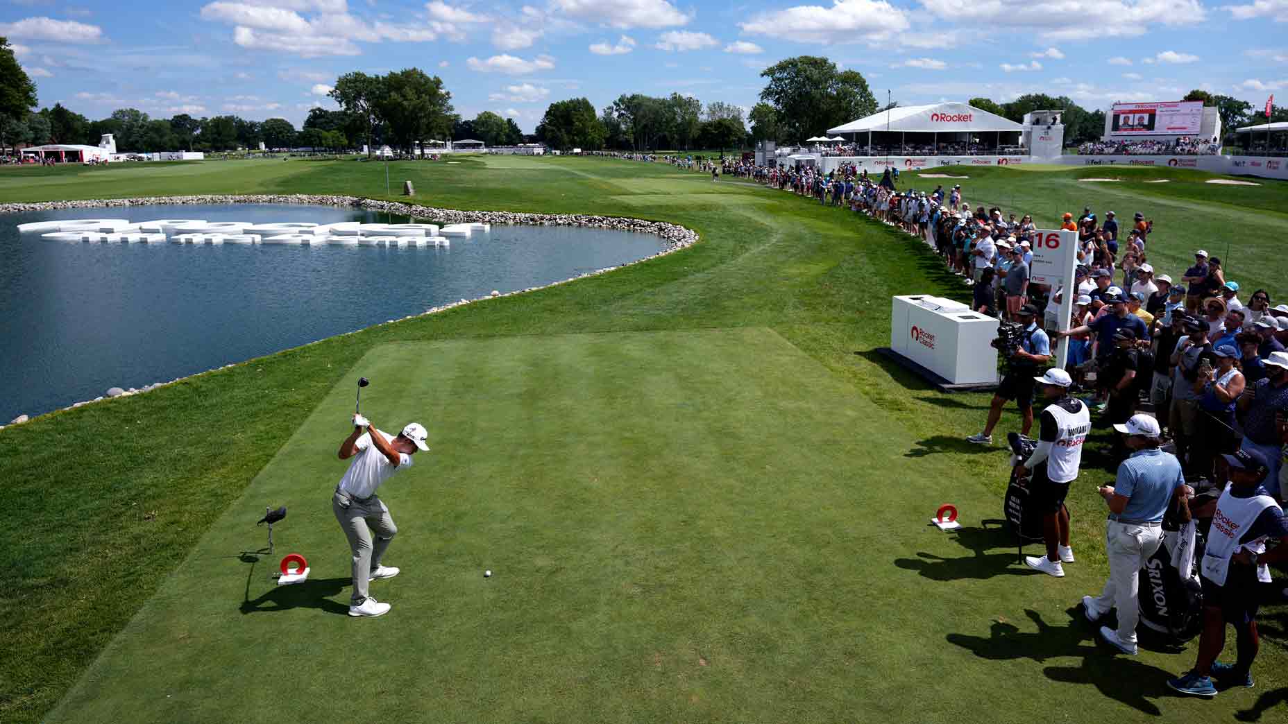 Collin Morikawa of the United States plays his shot from the 16th tee during the third round of the Rocket Classic 2025 at Detroit Golf Club on June 28, 2025 in Detroit, Michigan.