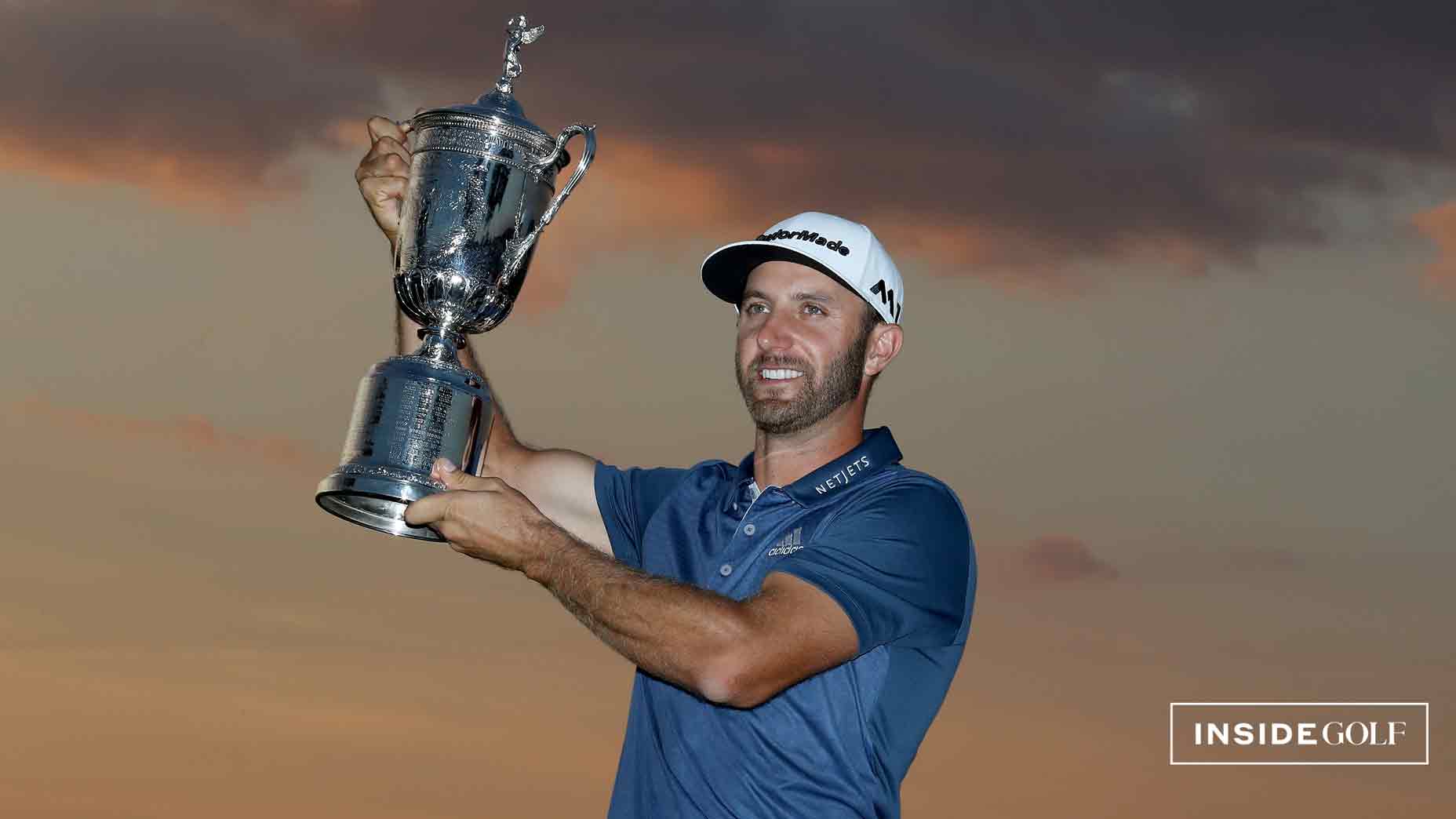 Dustin Johnson of the United States holds the trophy after the final round of the 2016 U.S.Open at Oakmont Country Club on June 19, 2016 in Oakmont, Pennsylvania.
