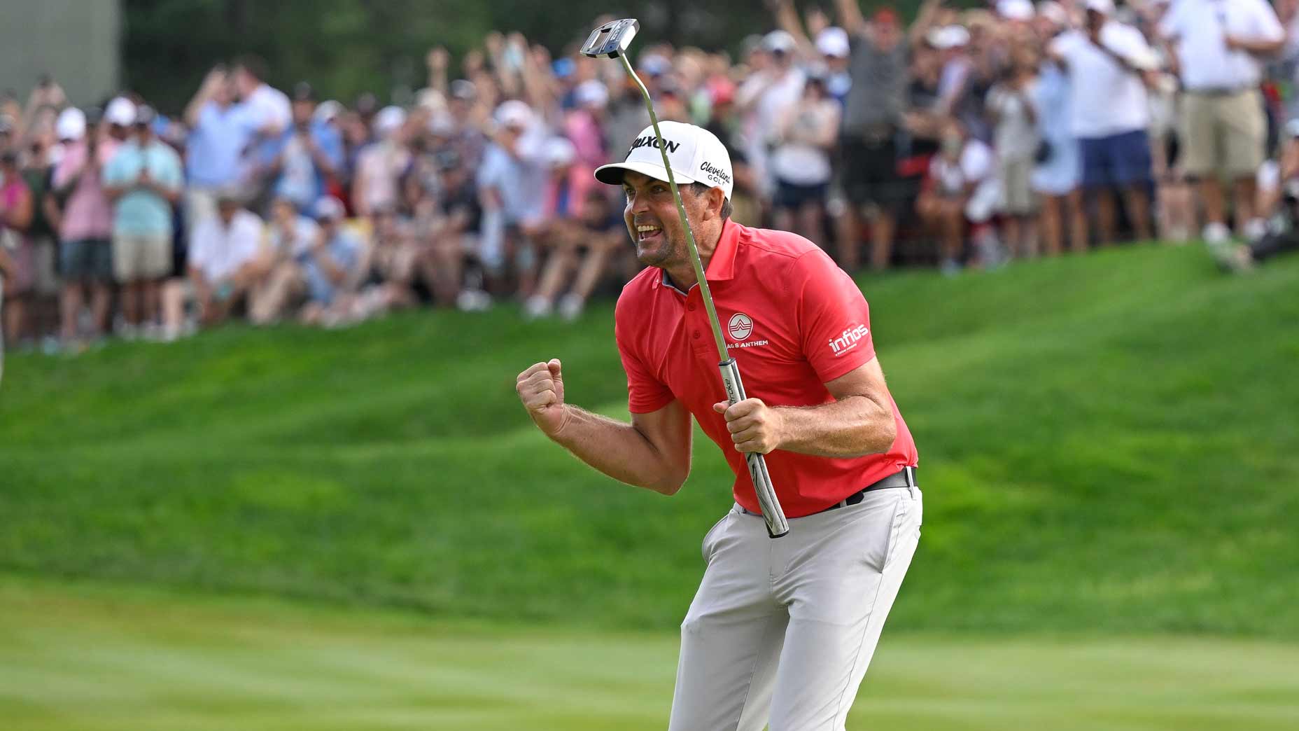Keegan Bradley celebrates winning the Travelers.