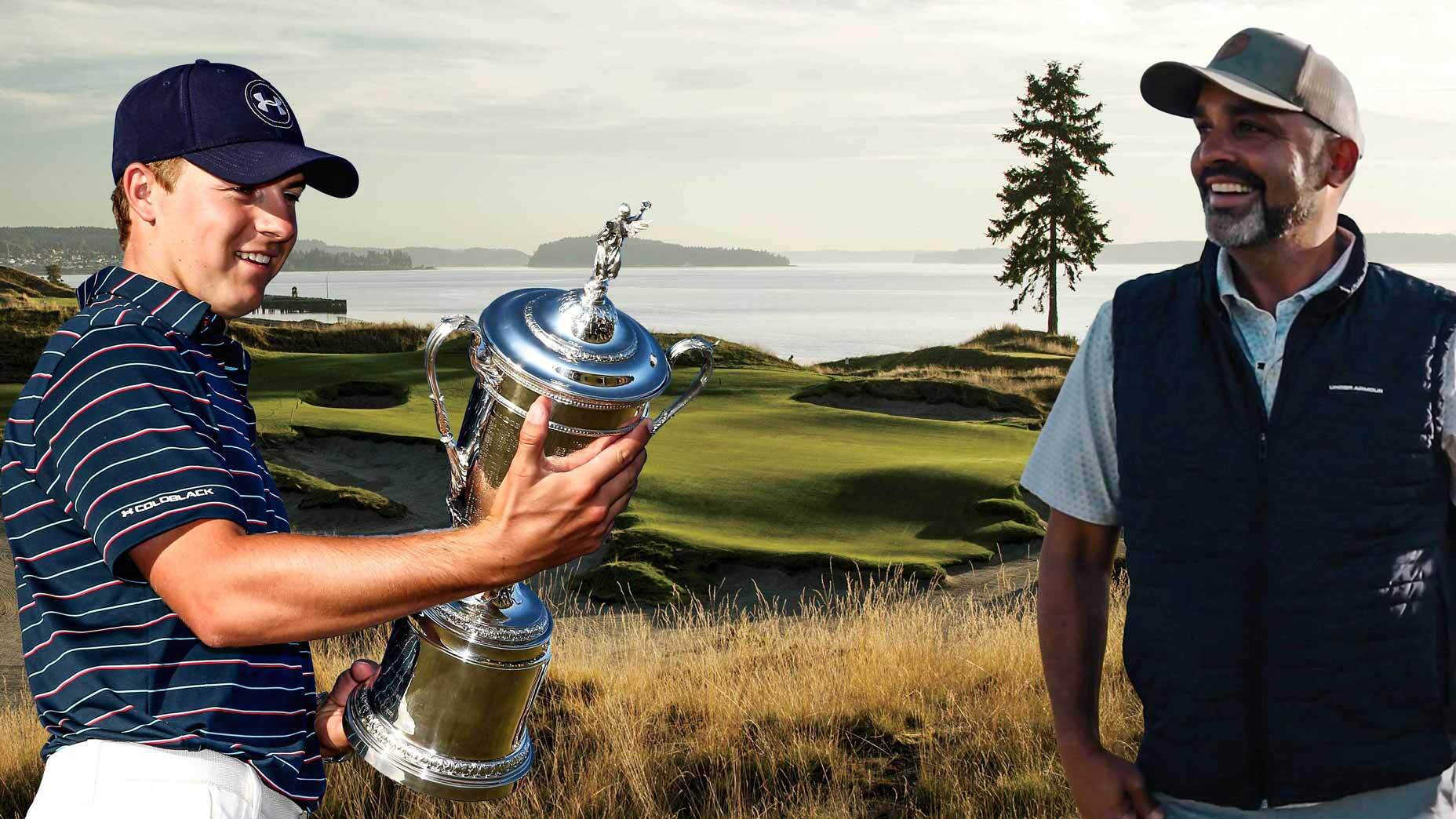 jordan spieth and michael greller stand in front of the Chambers Bay Background holding the U.S. Open trophy