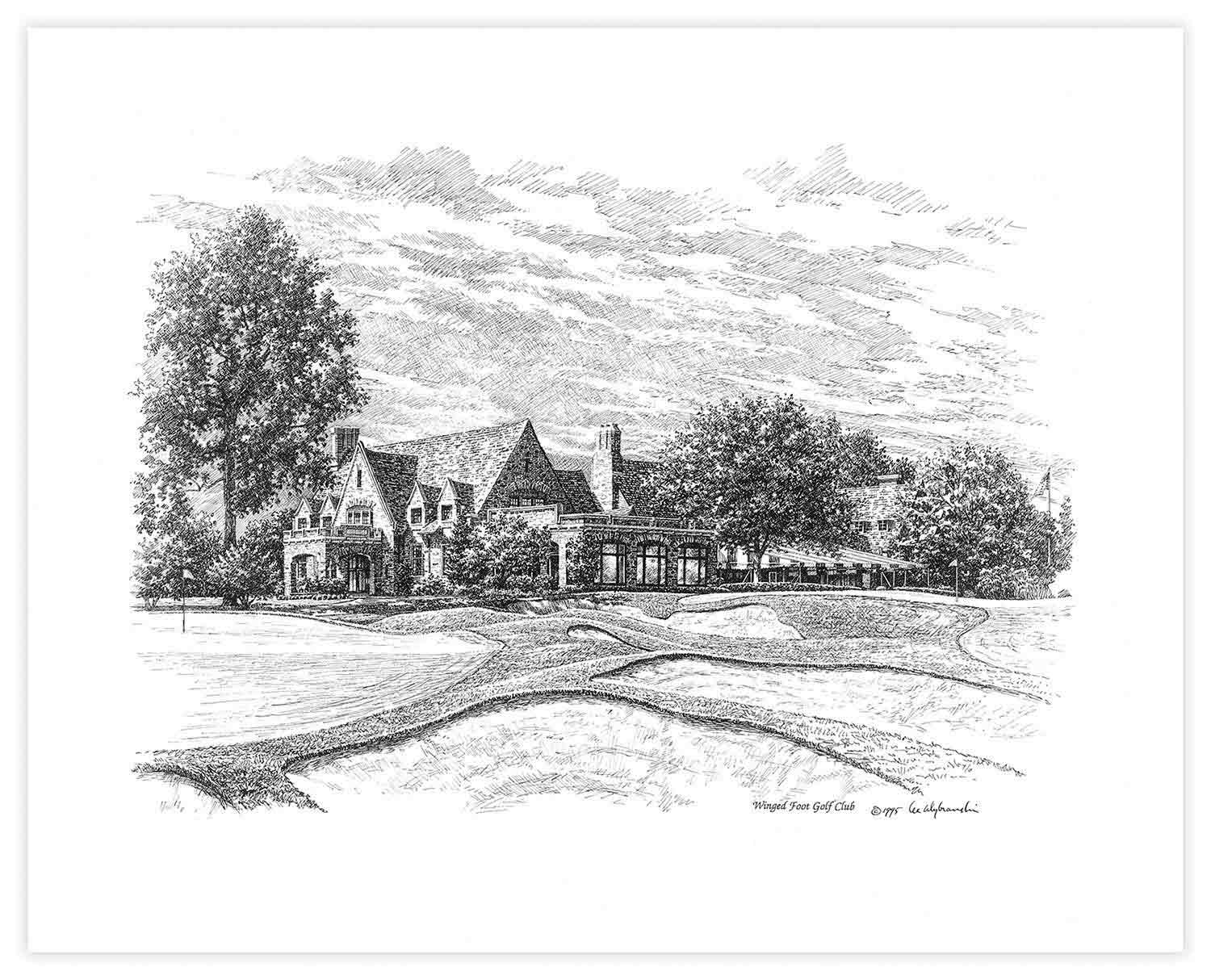 The detailed 1995 pen-and-ink drawing of Winged Foot&rsquo;s glorious Tudor clubhouse that got Wybranski&rsquo;s foot in golf&rsquo;s door.