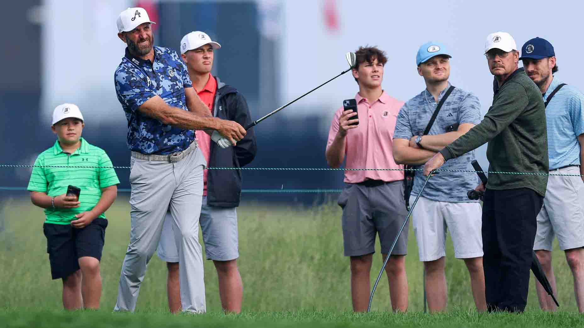 Dustin Johnson plays a shot during a practice round at the 2025 U.S. Open
