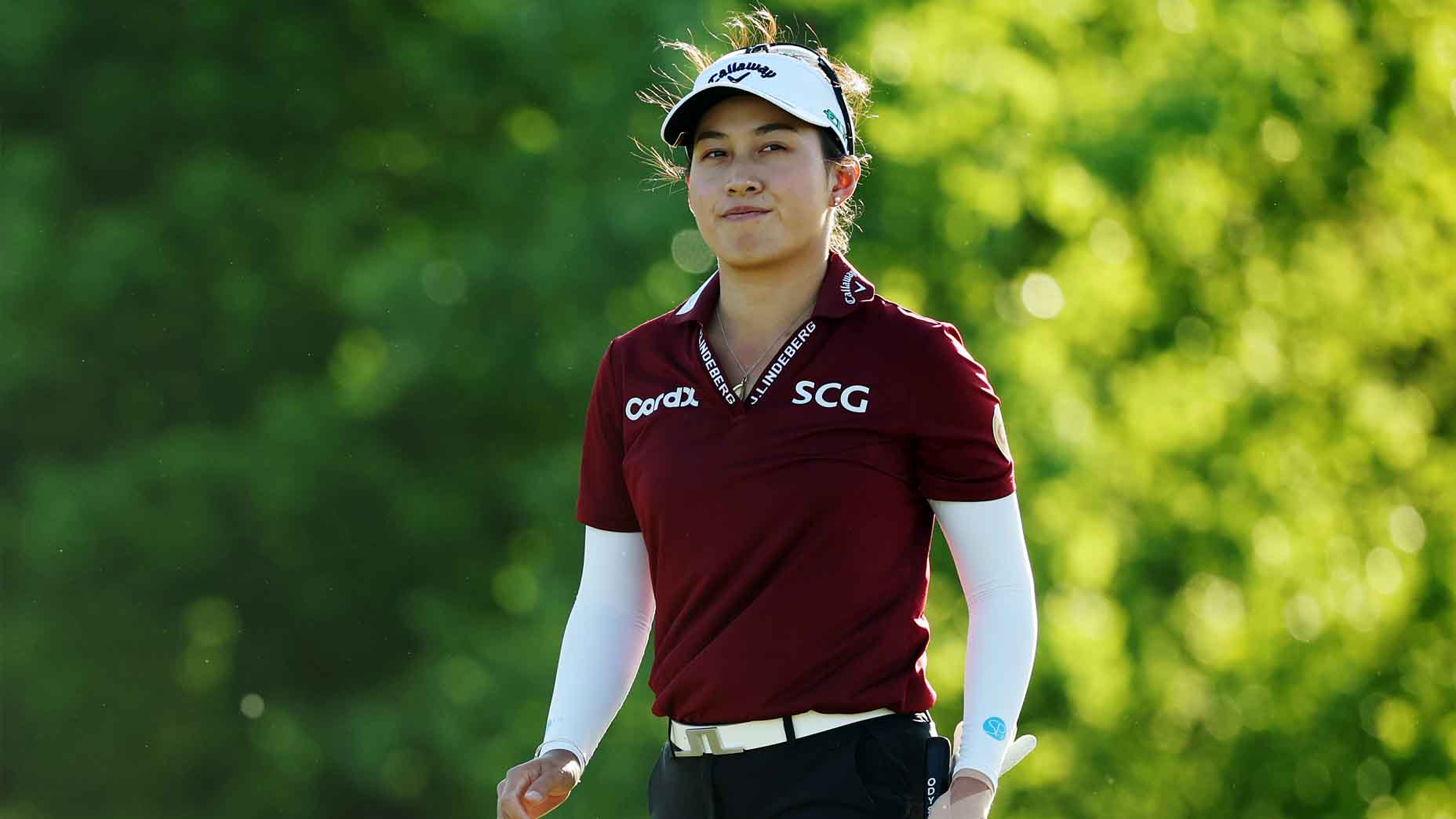 Jeeno Thitiful reacts during the third round of the Mizuho Americas Open