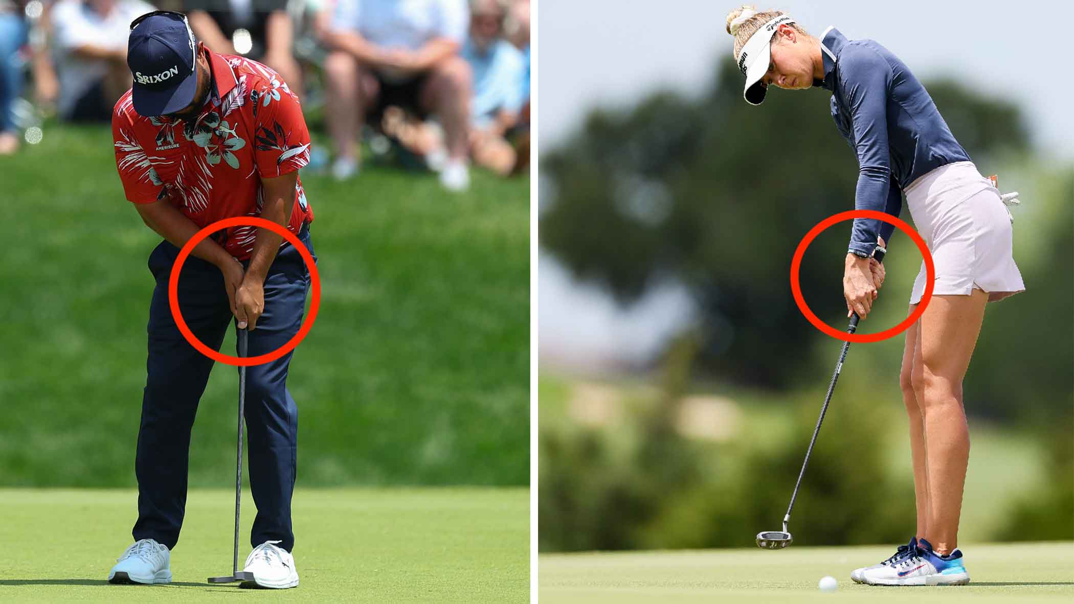 nelly korda and j.j. spaun putting with left hand low technique