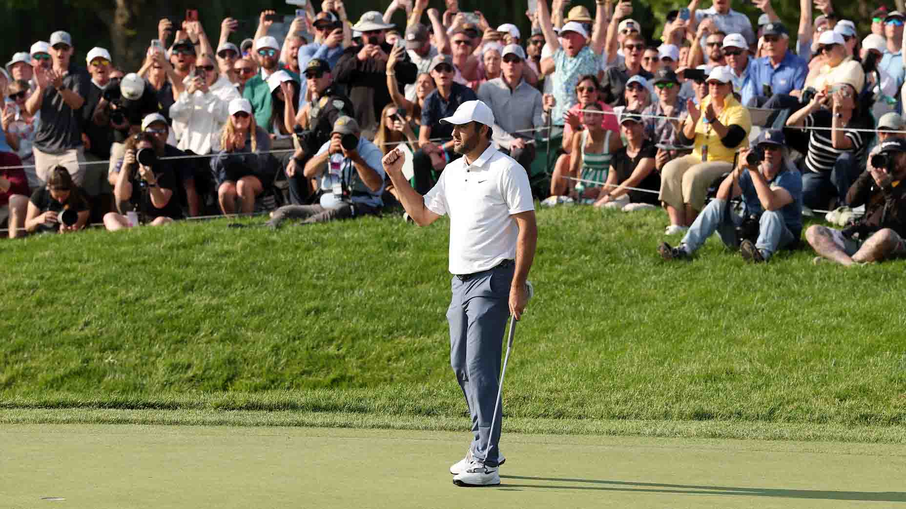 Scottie Scheffler reacts to winning the 2025 Memorial Tournament