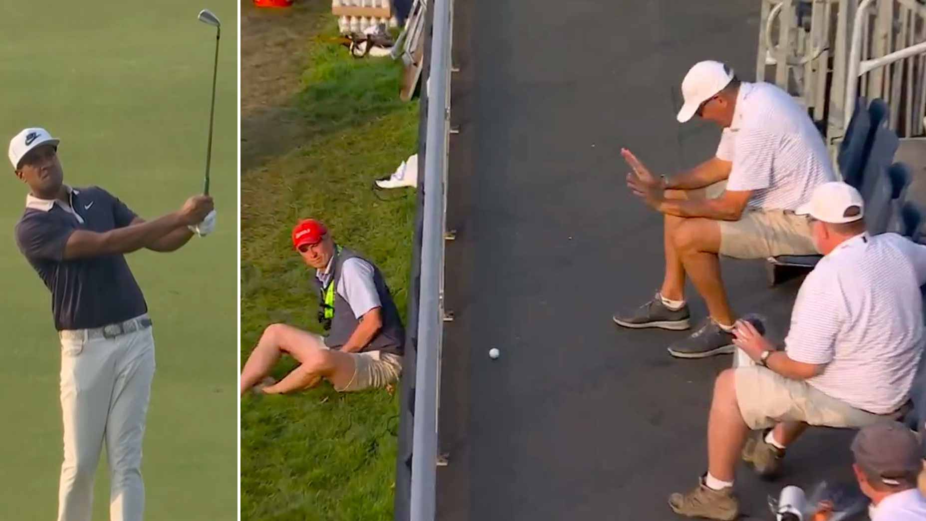 Split image of Tony Finau hitting shot at 2025 U.S. Open (left) and sleeping fan in grandstand (right).