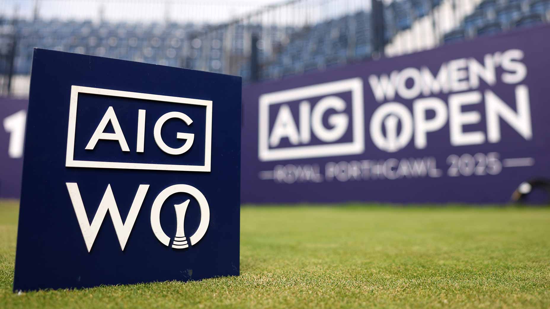 2025 AIG Women's Open signage seen on tee at Royal Porthcawl Golf Club.