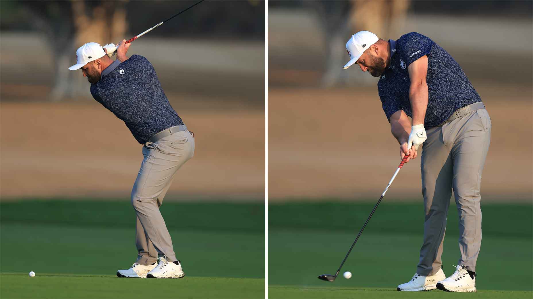 jon rahm swings during the 2025 dubai desert classic