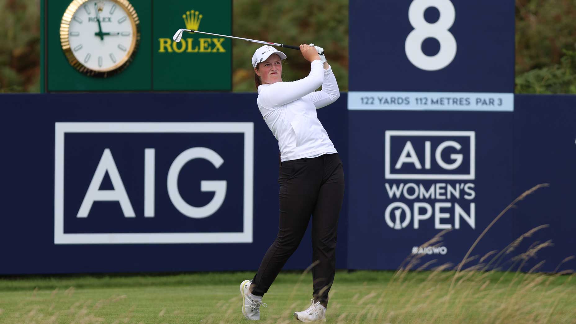 LPGA pro Lottie Woad hits tee shot during the 2025 AIG Women's Open at Royal Porthcawl.