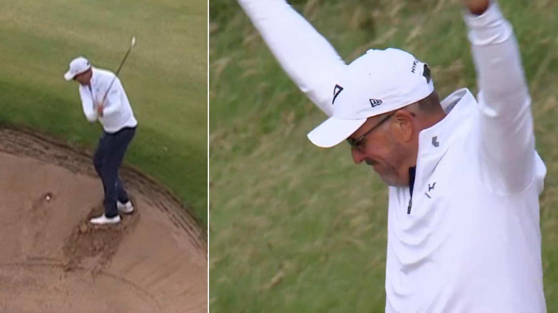 Phil Mickelson holes an incredible bunker shot on Thursday at the 2025 Open Championship.