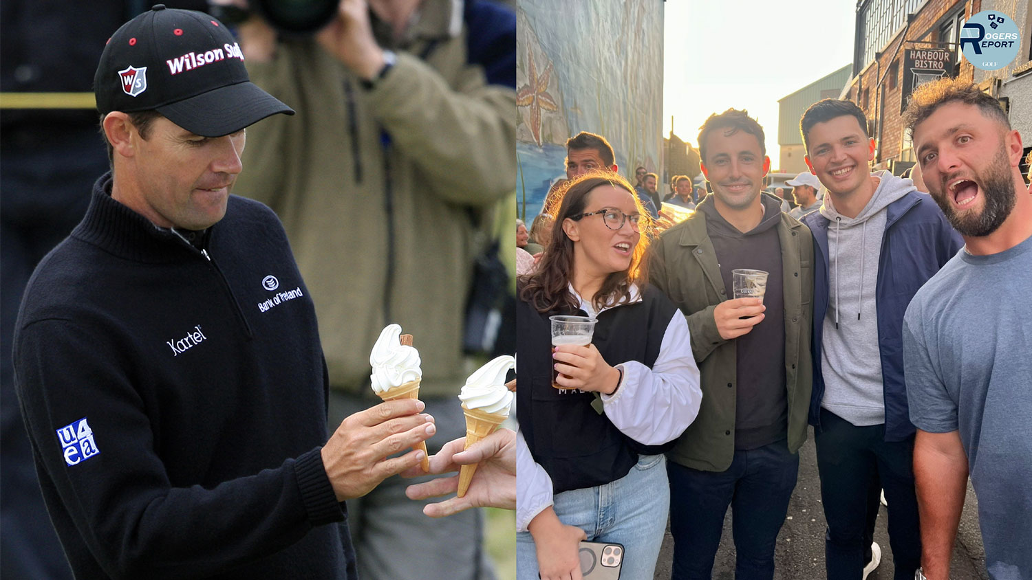 Padraig Harrington eating ice cream, Jon Rahm hopping in a photo.