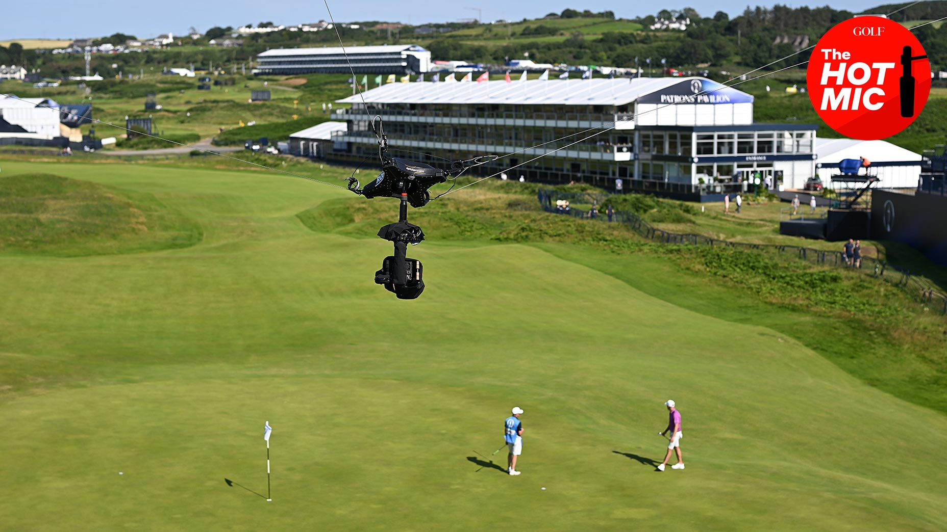 an overhead view of the spidercam at the open championship