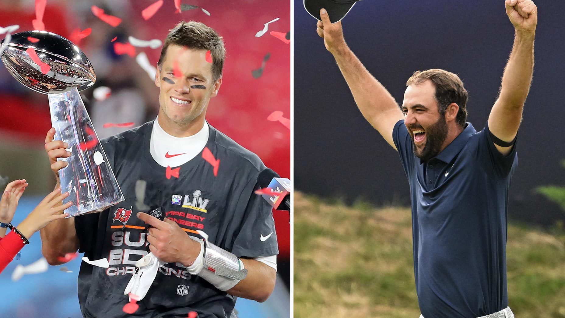 tom brady holds lombardi trophy next to an image of scottie scheffler celebrating the open championship