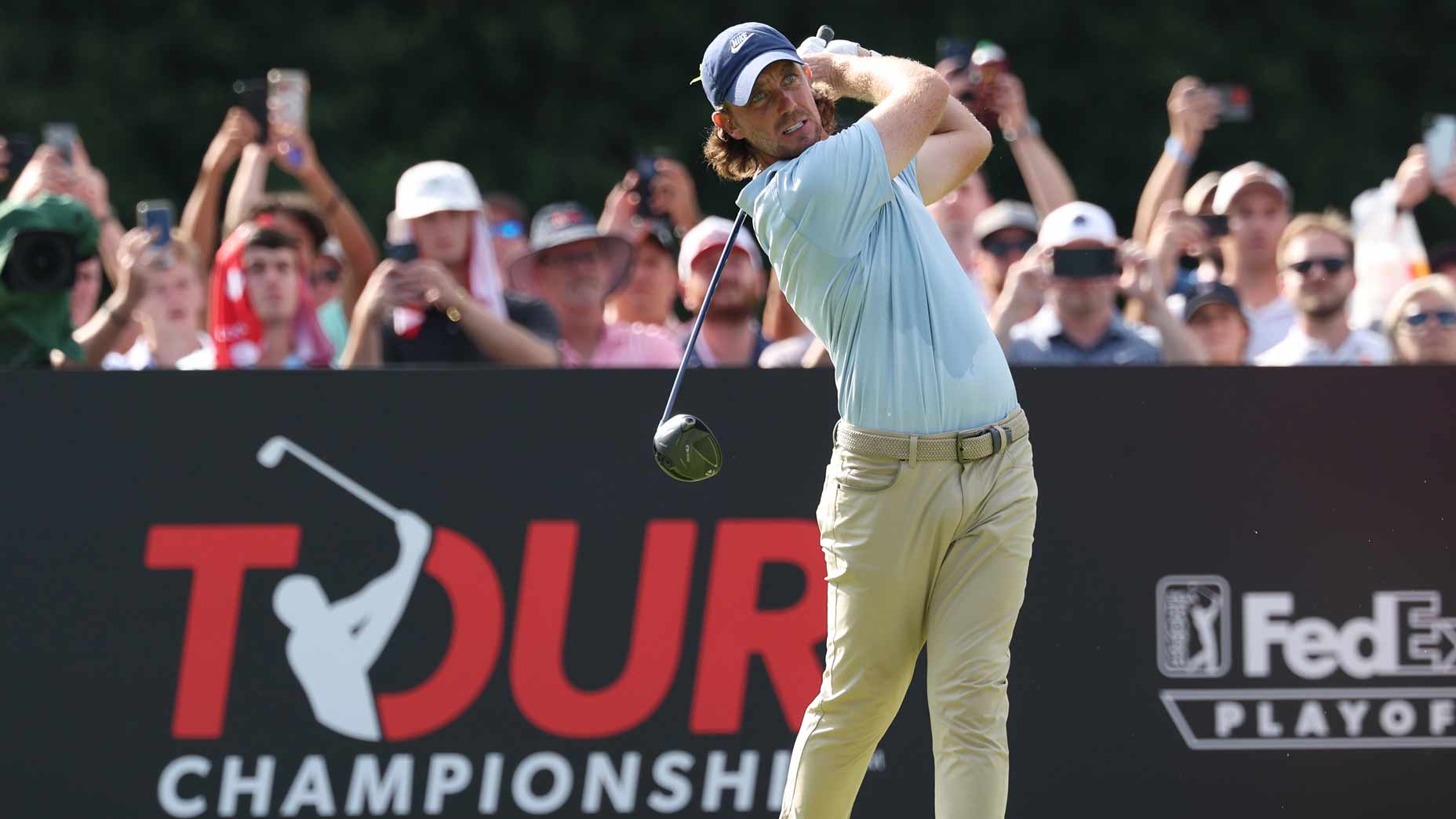 Tommy Fleetwood of England plays his shot from the 18th tee during the final round of the TOUR Championship 2025 at East Lake Golf Club on August 24, 2025 in Atlanta, Georgia.
