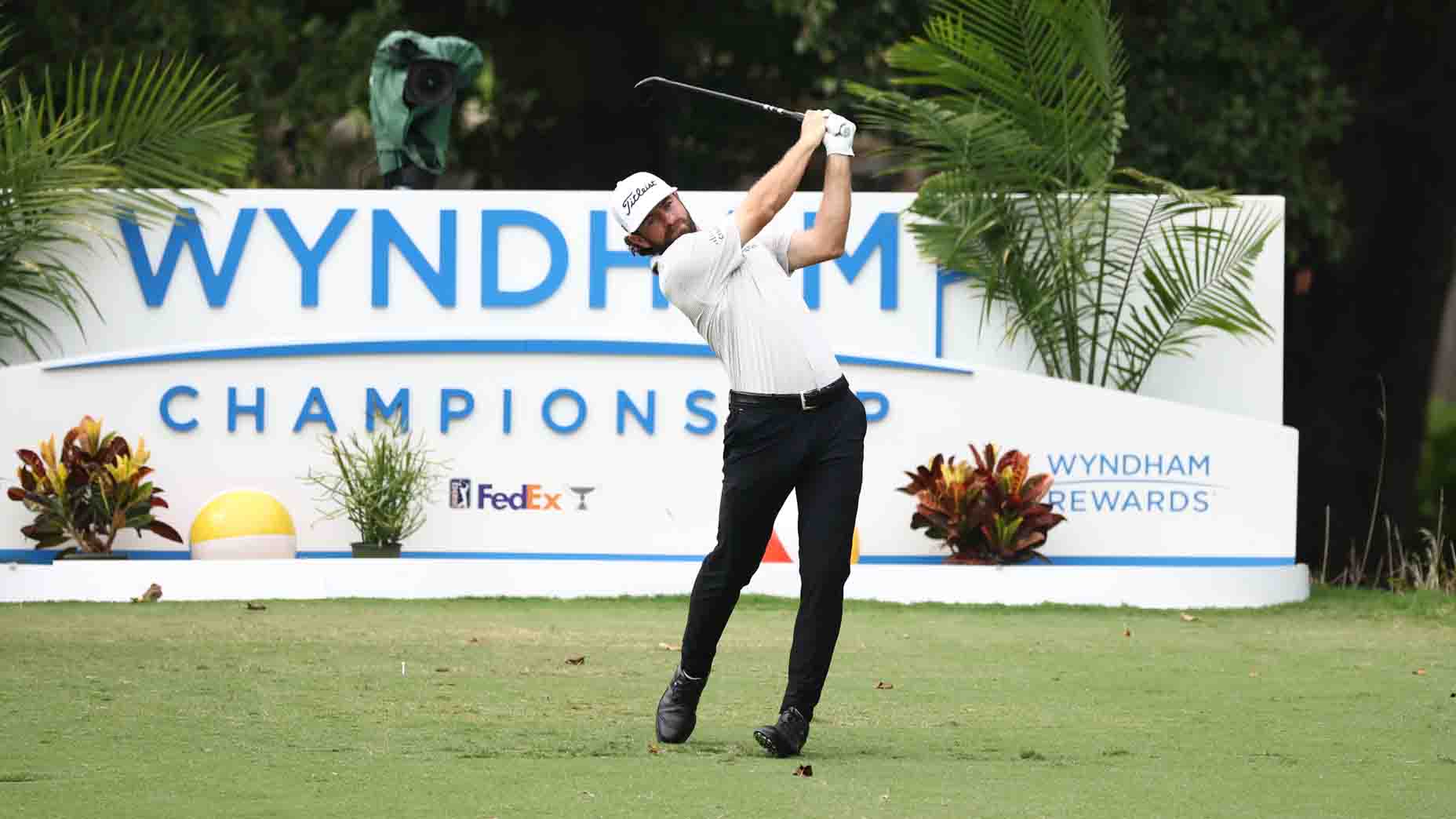 Cameron Young hits his tee shot during the third round of the Wyndham Championship
