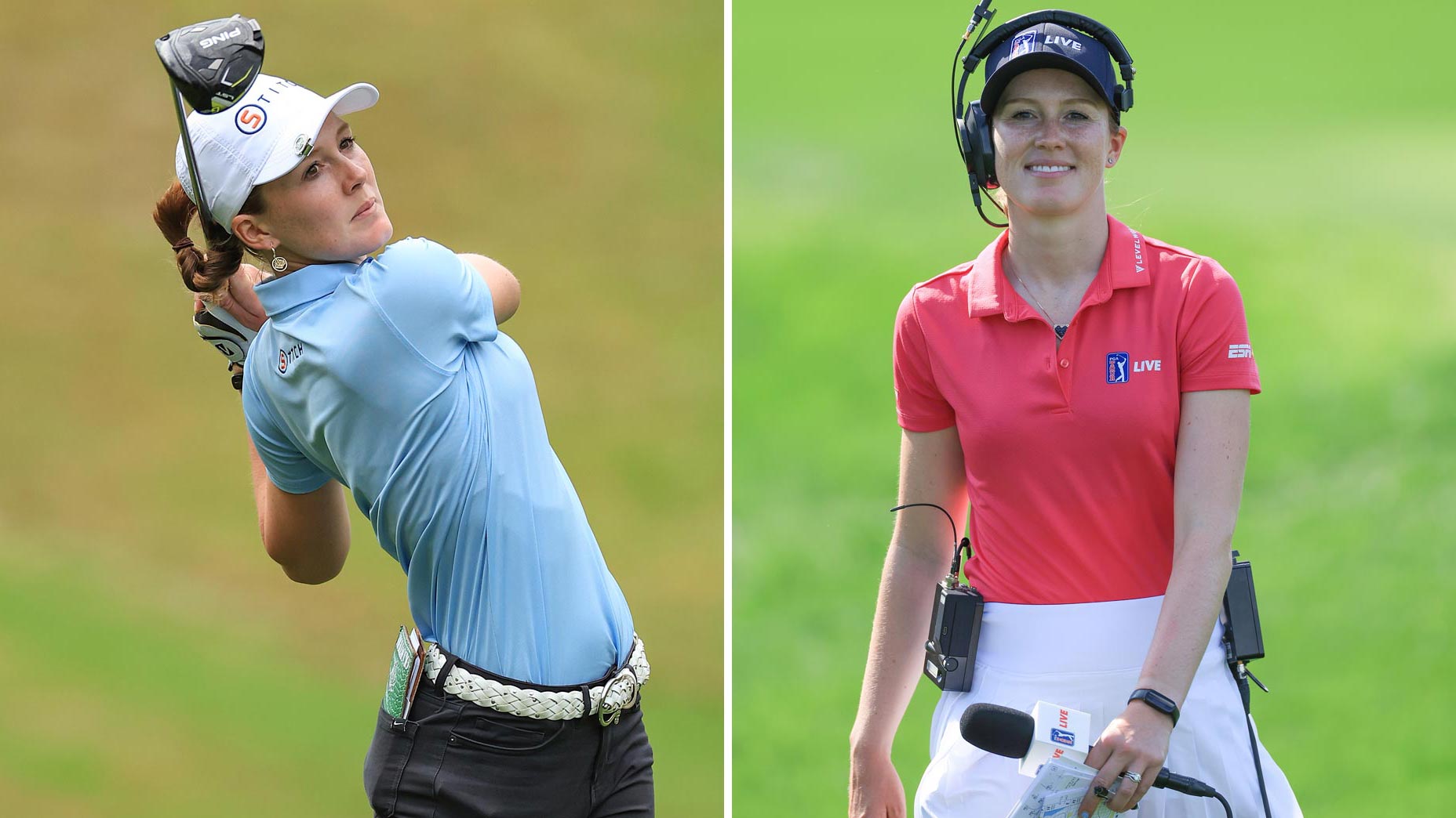 Emilia Doran competing at the 2024 Augusta National Women's Amateur, and working for PGA Tour Live at the 2024 Arnold Palmer Invitational.