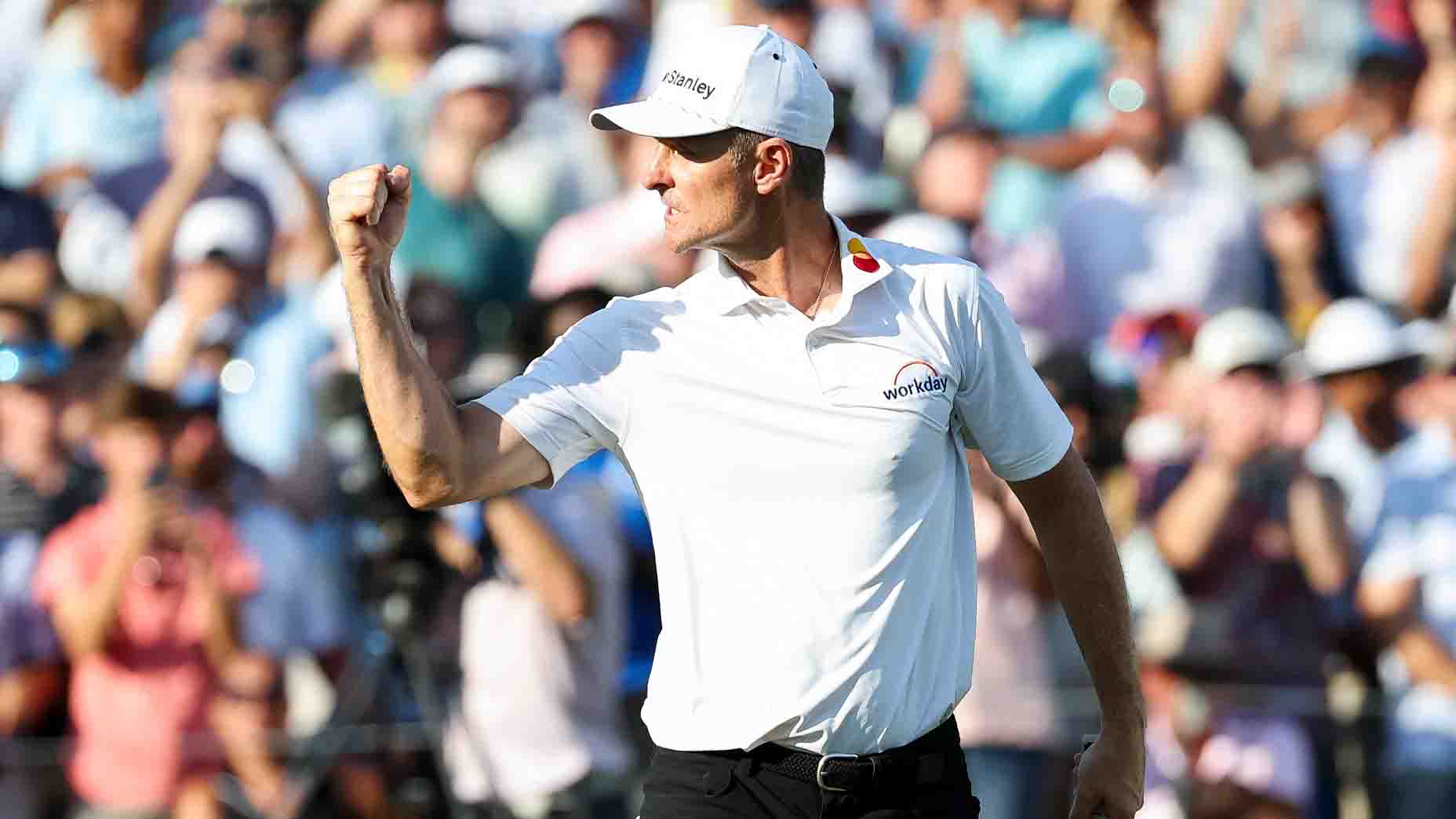 Justin Rose pump his fist during the 2025 FedEx St. Jude Championship
