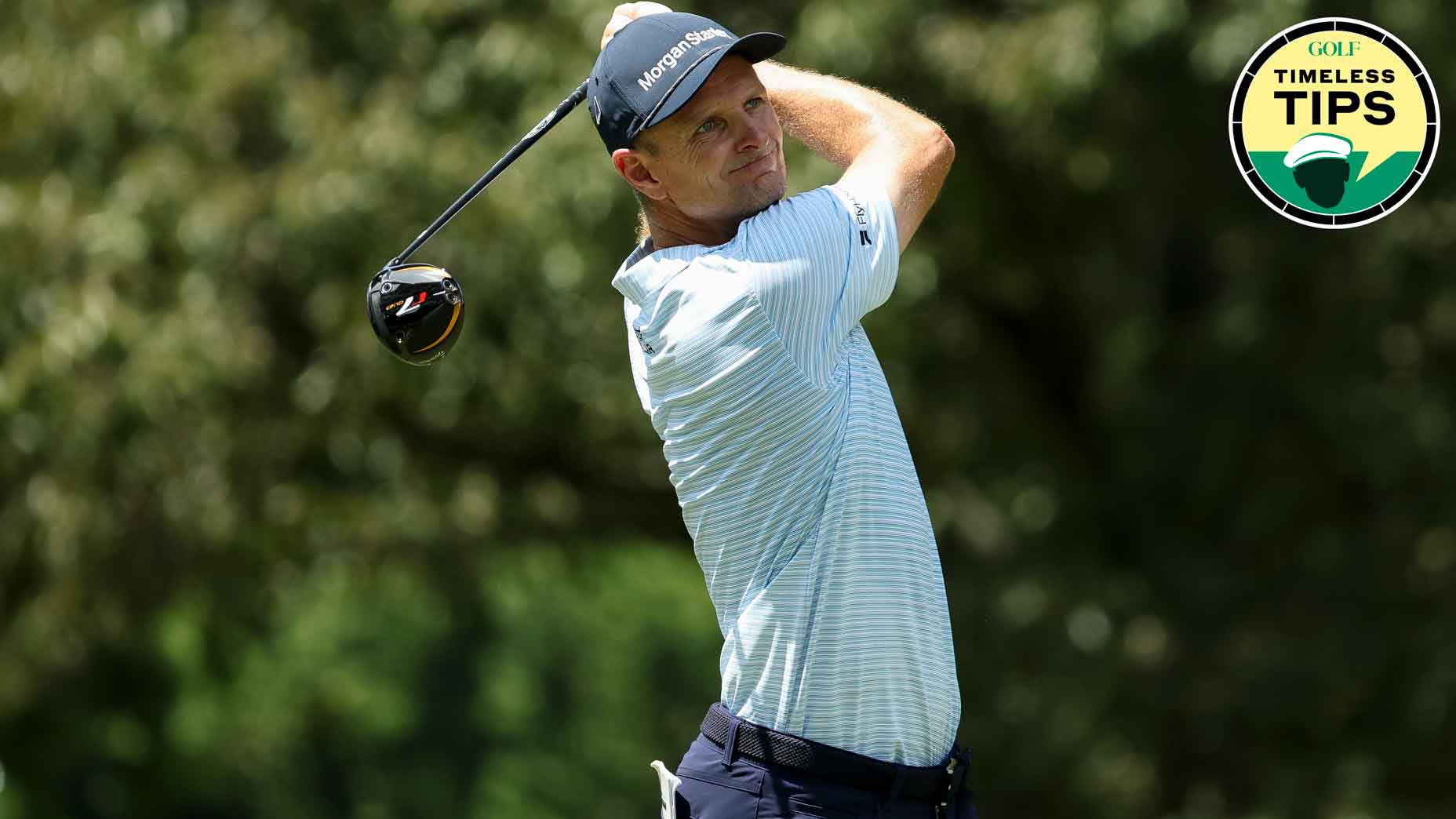 justin rose swings golf club during the 2025 fedex st jude