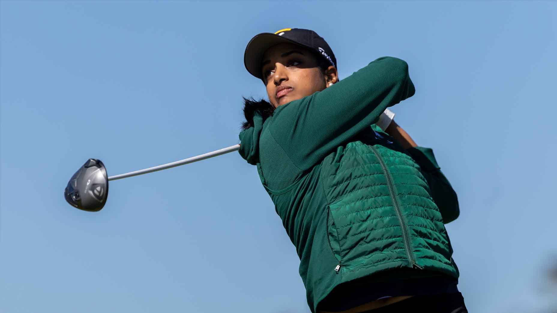 Megha Ganne hits a tee shot during the 2025 U.S. Women's Am