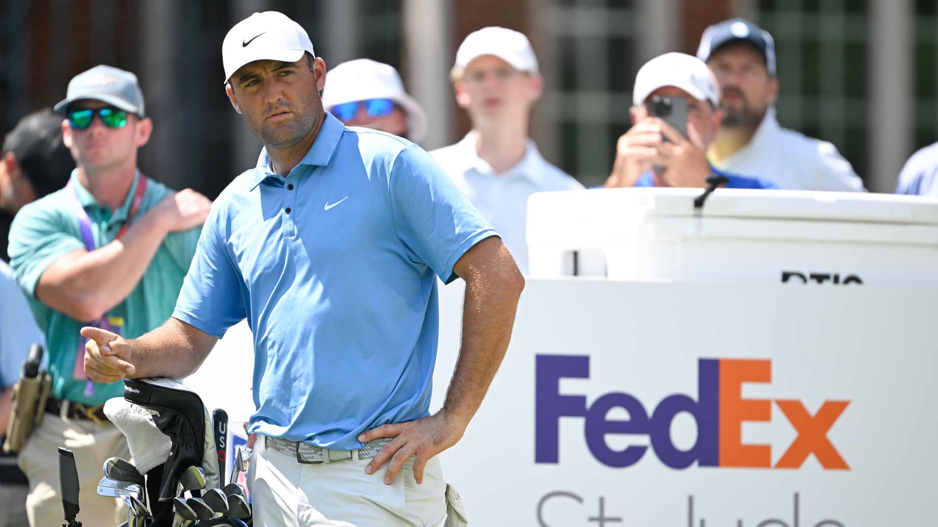 : Scottie Scheffler stands on the 12th tee box during the third round of FedEx St. Jude Championship at TPC Southwind on August 9, 2025 in Memphis, Tennessee.