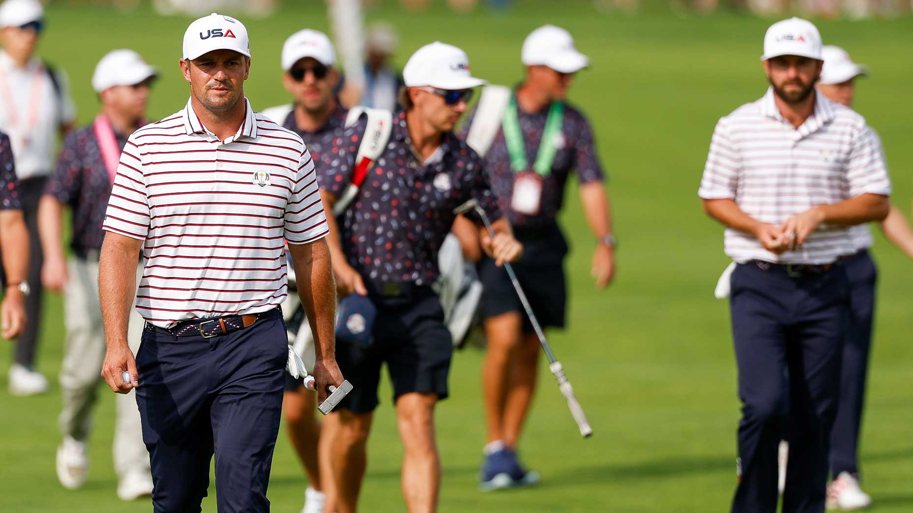Bryson DeChambeau of Team United States walks to the first green prior to the Ryder Cup 2025 at Black Course at Bethpage State Park Golf Course on September 24, 2025 in Farmingdale, New York.