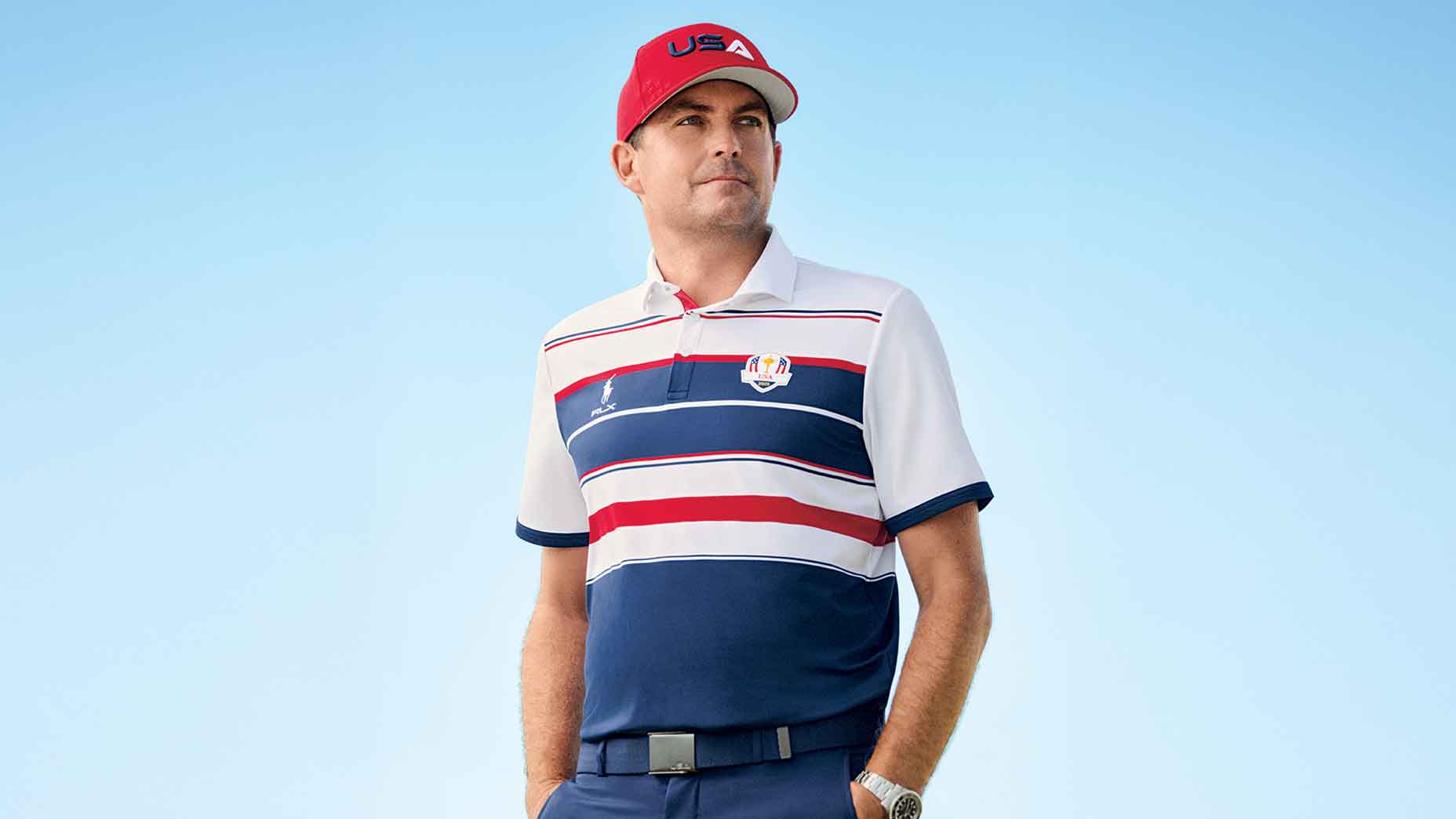 Keegan Bradley, U.S. Ryder Cup captain, pictured against blue background