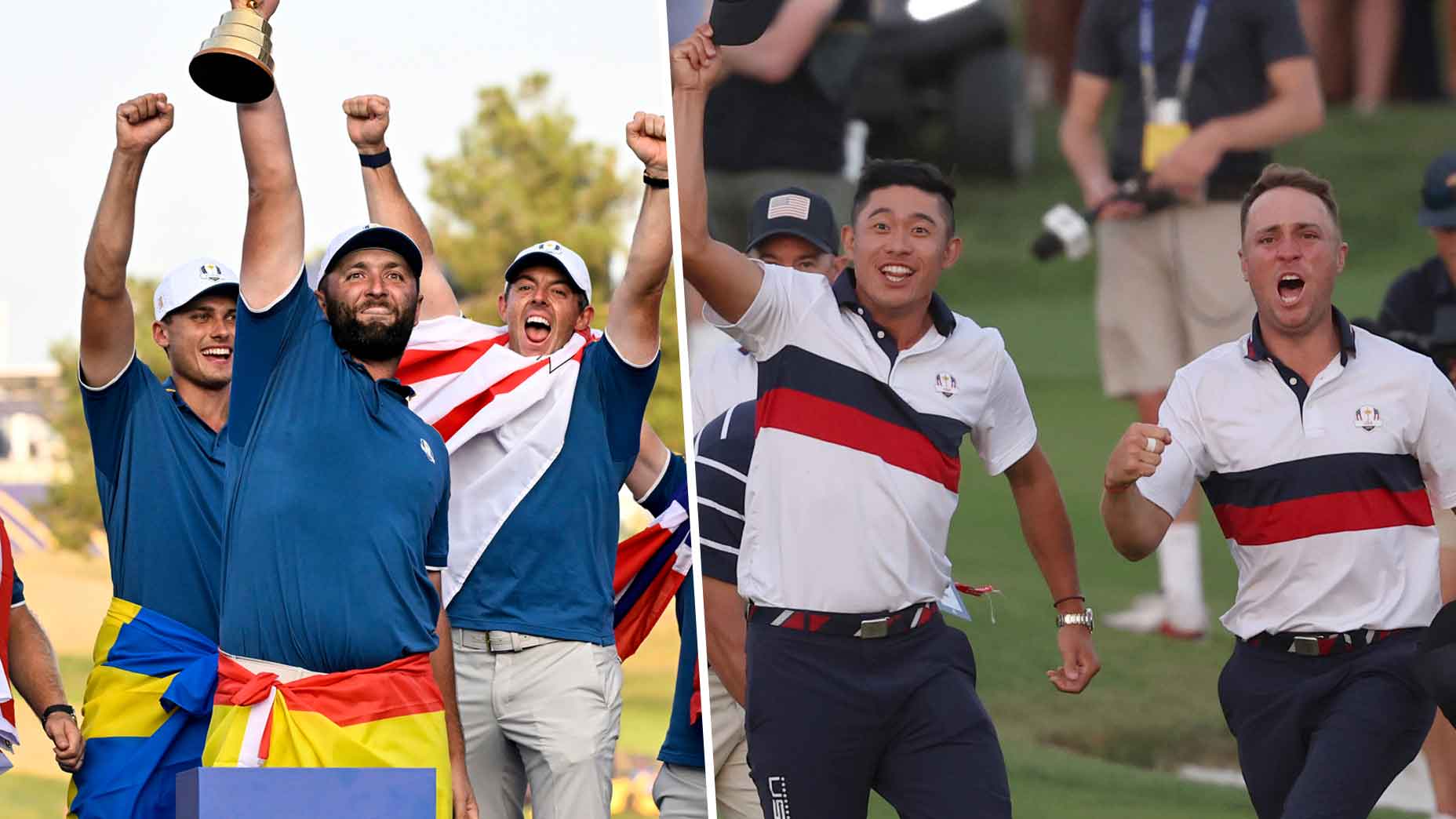 Two images of ryder cup teams celebrating