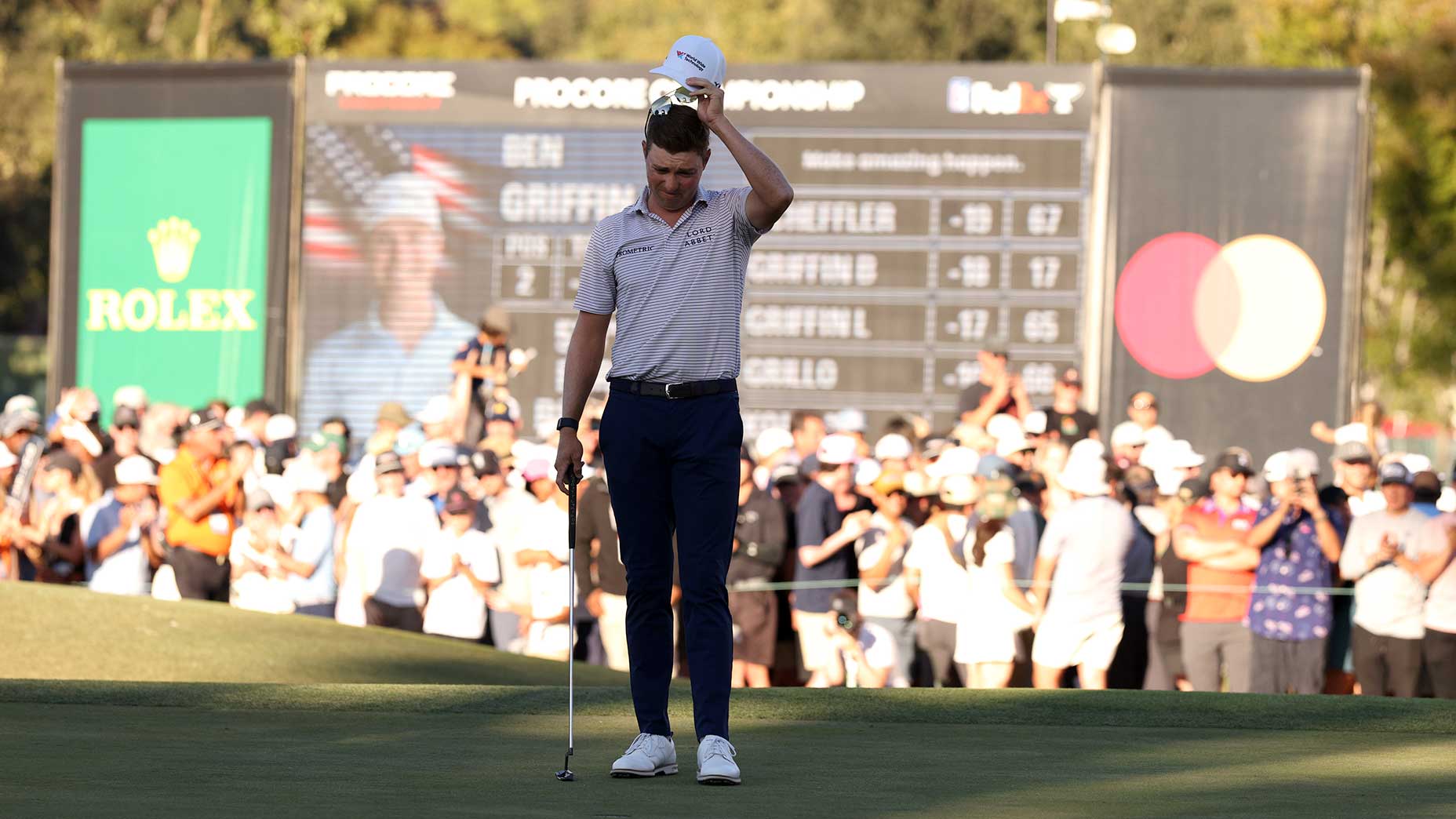 Ben Griffin reacts to a missed putt on the 18th green during the final round of the Procore Championship on Sunday.